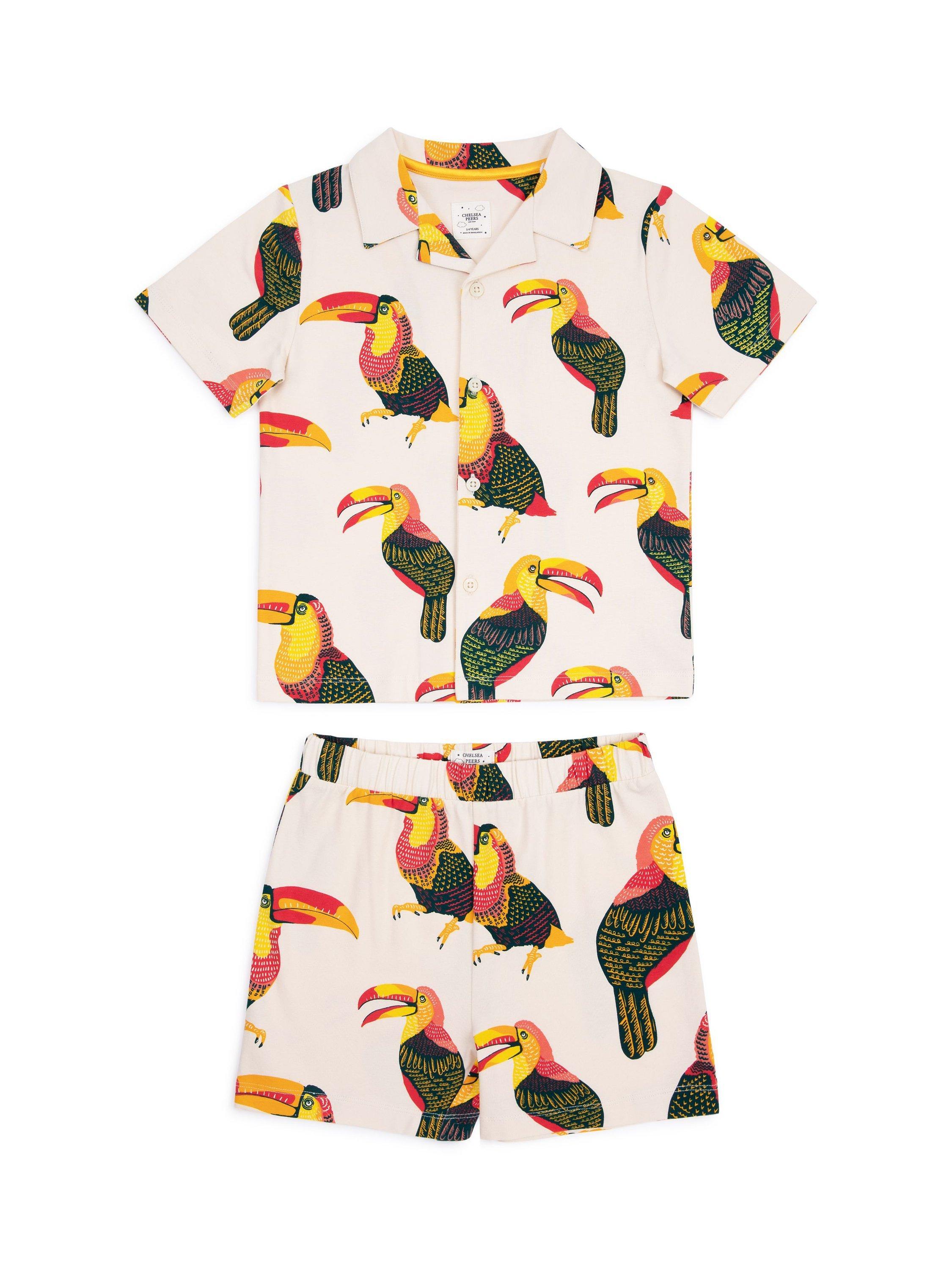 Chelsea Peers Kids' Organic Cotton Blend Toucan Print Short Pyjama Set, Off White/Multi