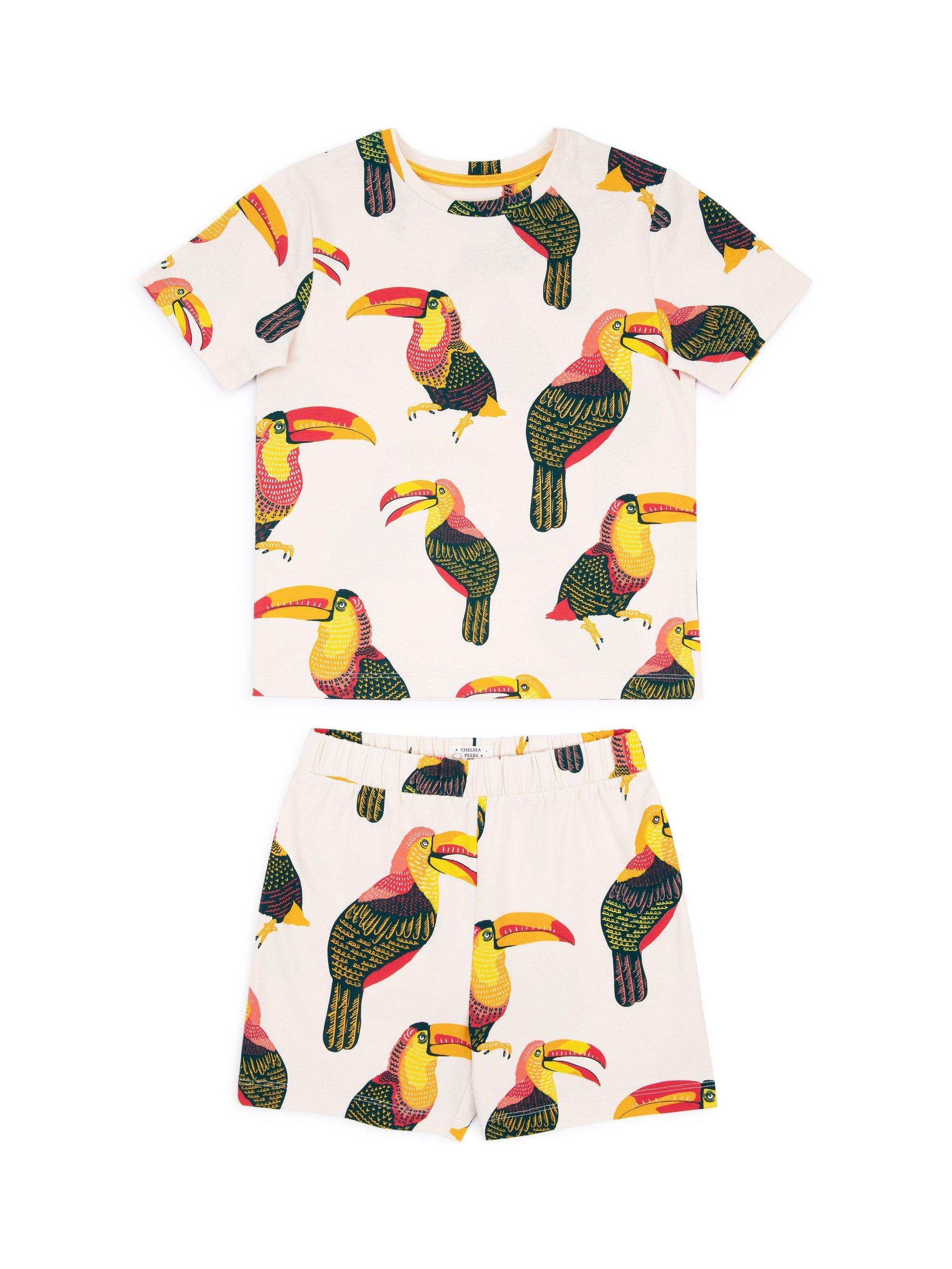 Chelsea Peers Kids' Toucan Print Crew Neck Short Pyjama Set, Off White