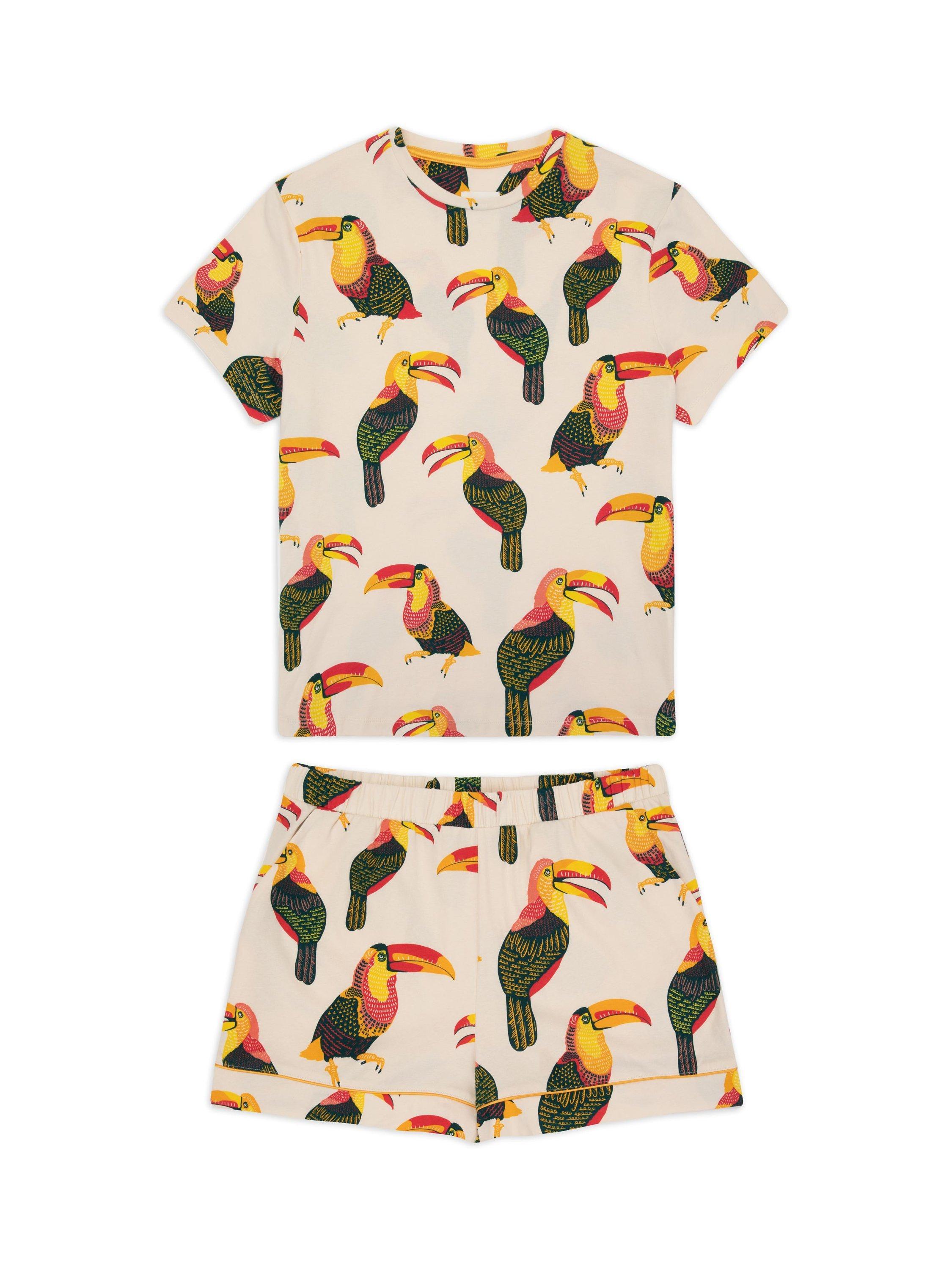 Chelsea Peers Organic Cotton Toucans Short Pyjama Set, White/Multi
