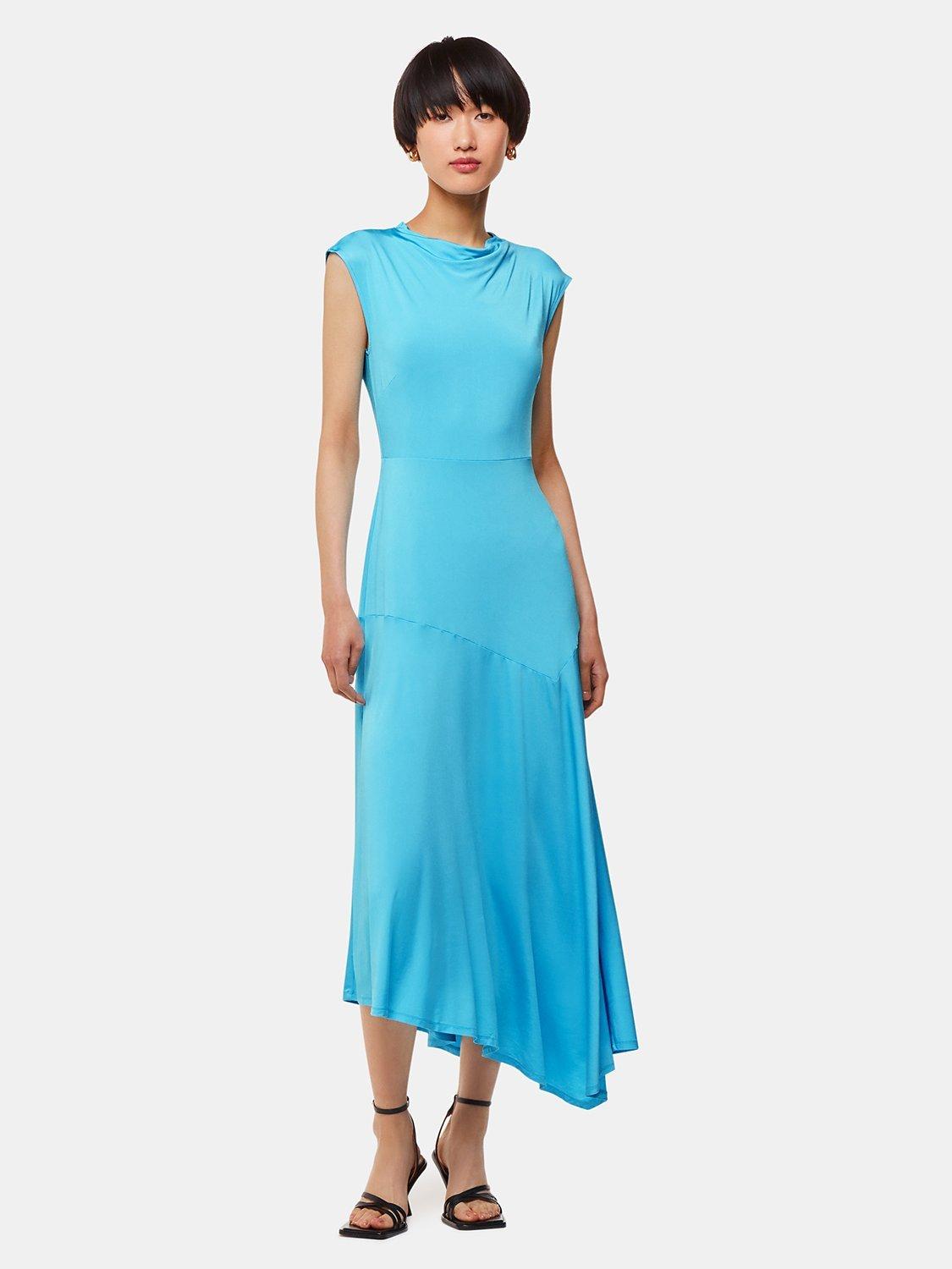 Whistles Iris Asymmetric Jersey Midi Dress, Turquoise, 6