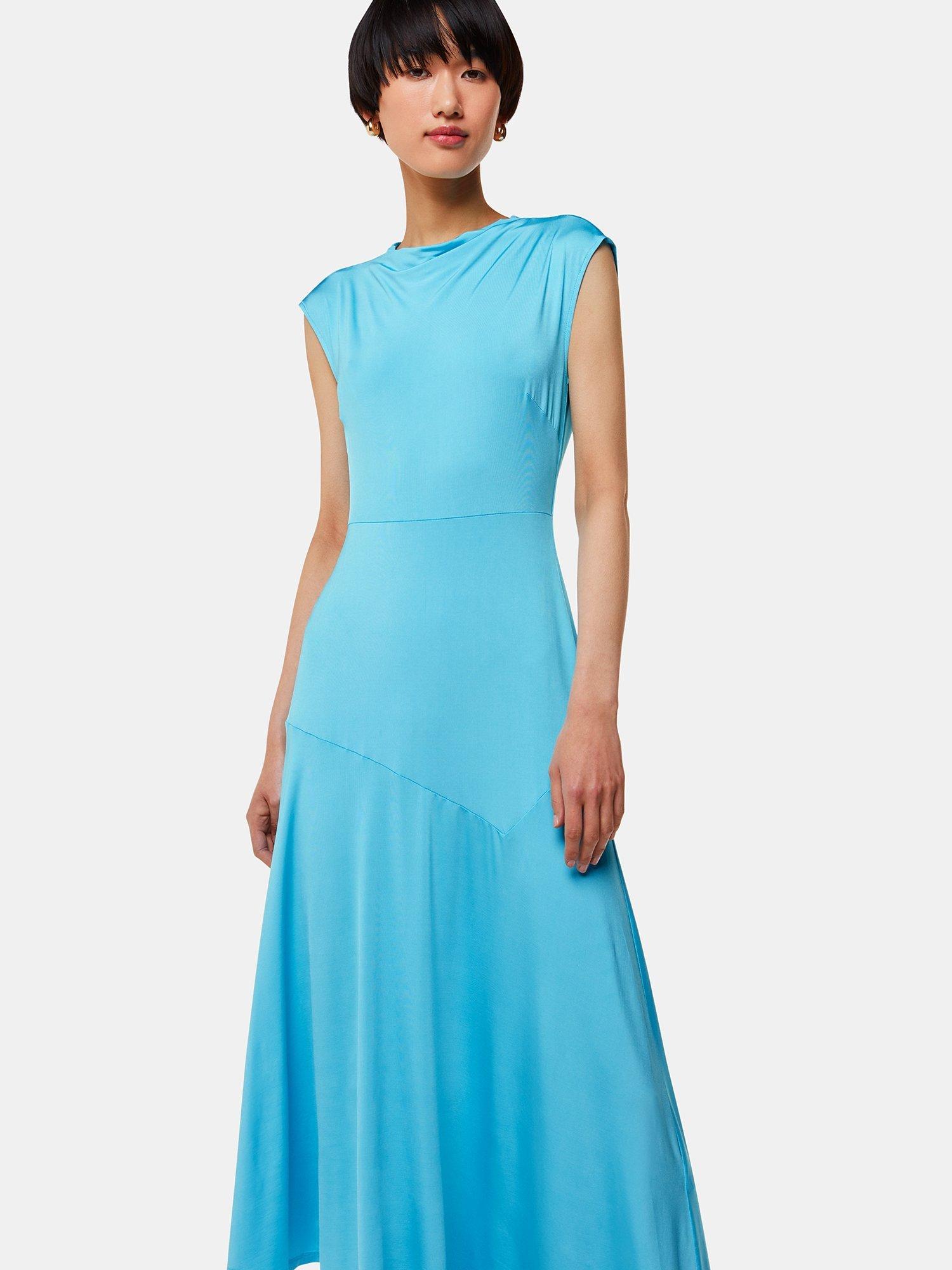 Whistles Iris Asymmetric Jersey Midi Dress, Turquoise, 6