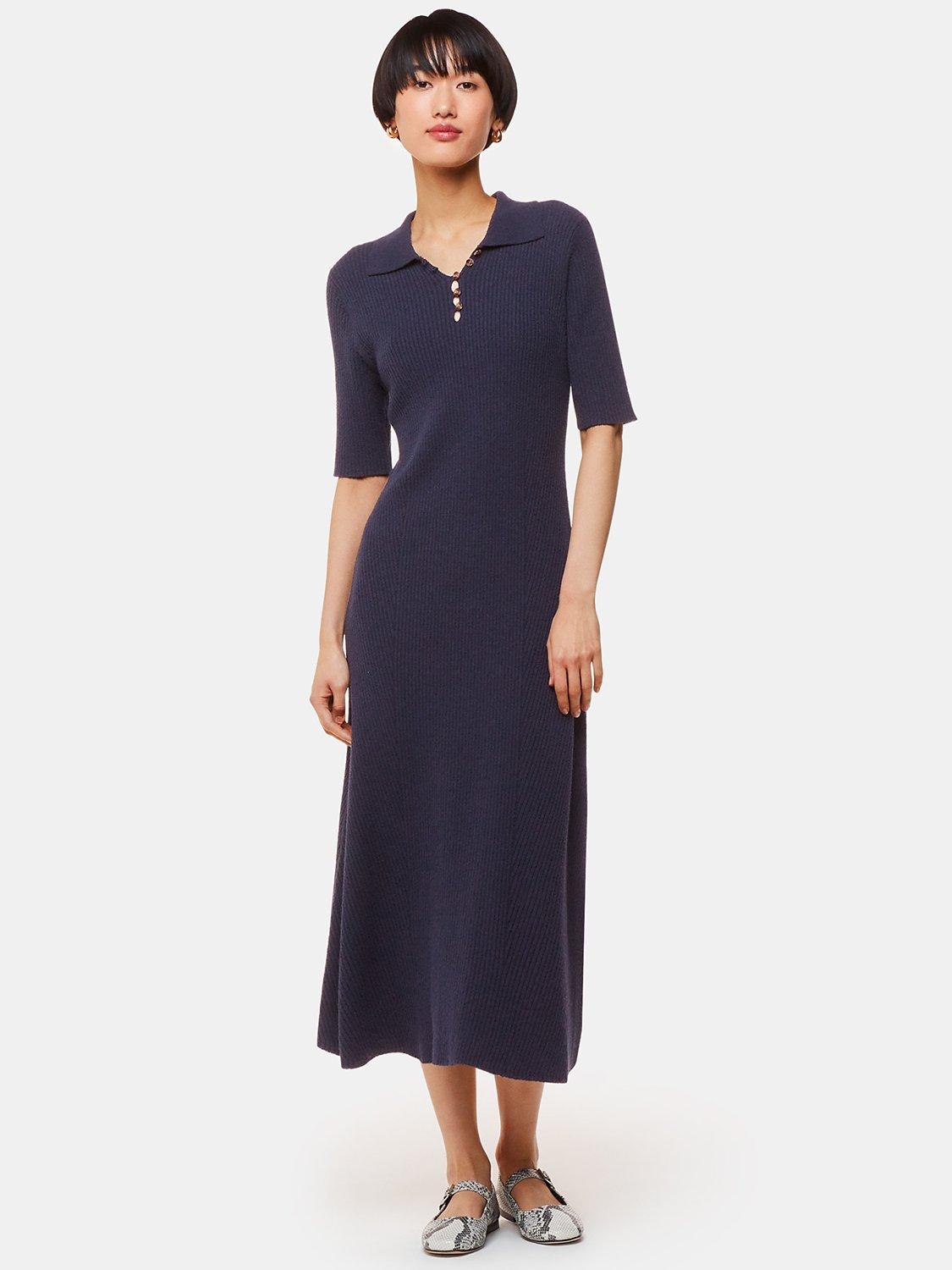 Product image 1 of 5, which shows Whistles Rib Knit Midi Dress, Navy, S