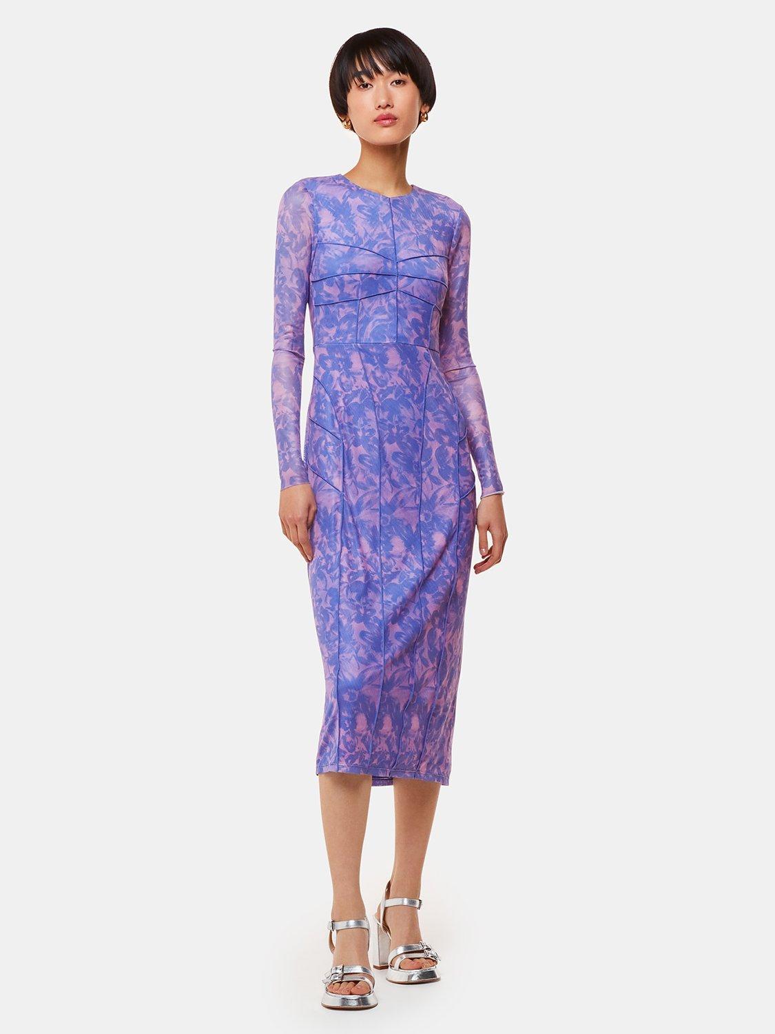 Product image 1 of 5, which shows Whistles Etched Bouquet Mesh Midi Dress, Blue/Multi, 6
