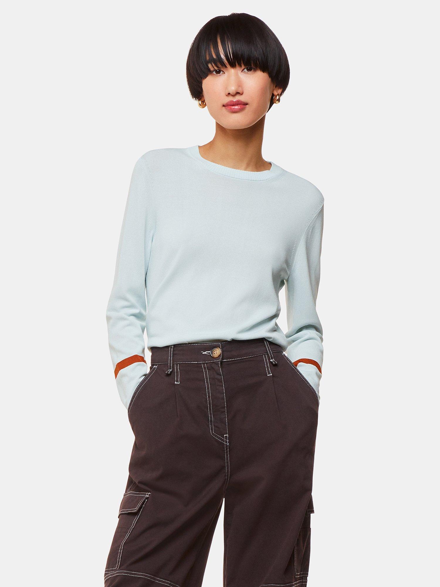 Product image 1 of 5, which shows Whistles Stripe Sleeve Detail Jumper, Pale Blue, 14