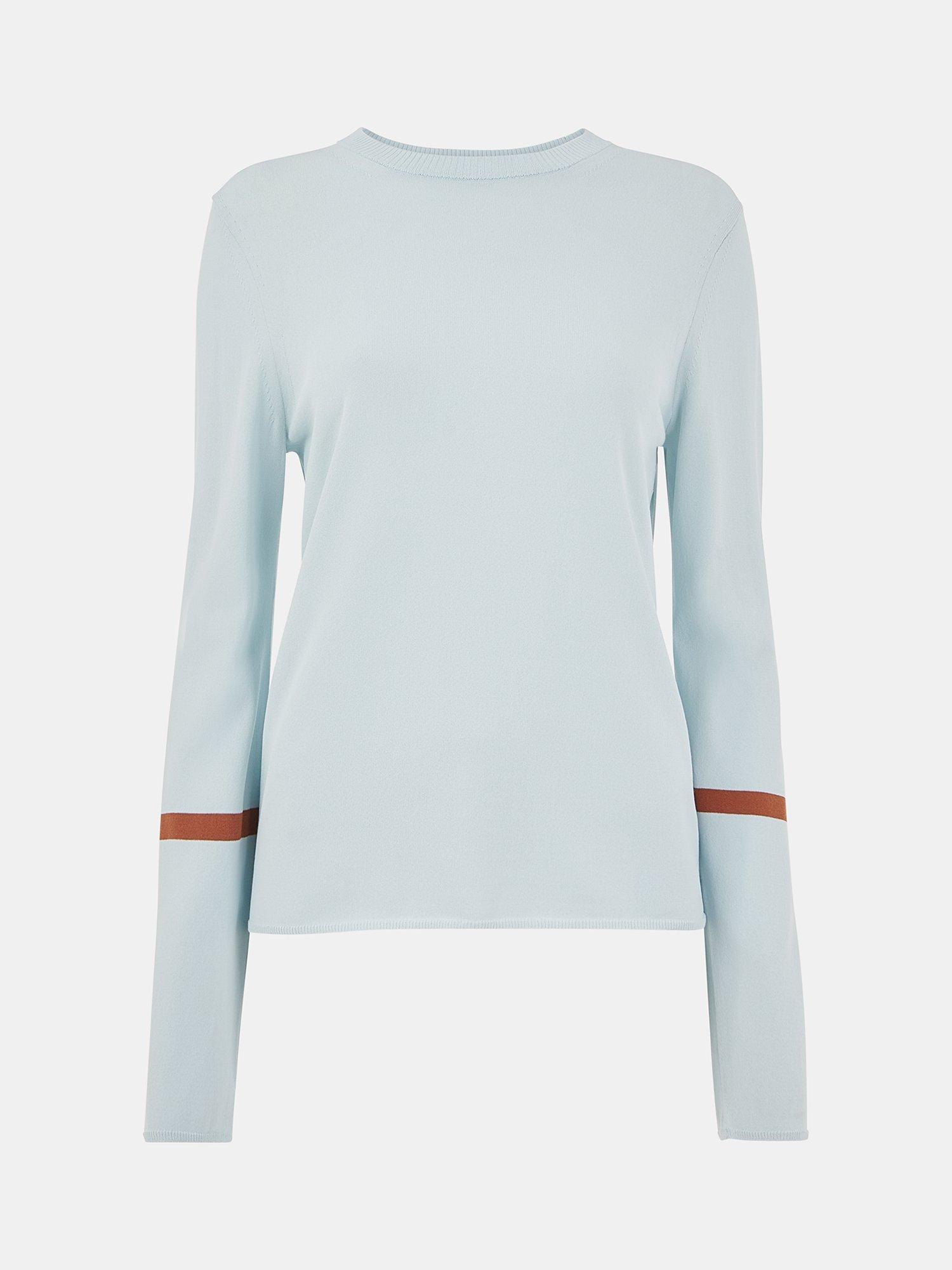 Product image 5 of 5, which shows Whistles Stripe Sleeve Detail Jumper, Pale Blue, 14