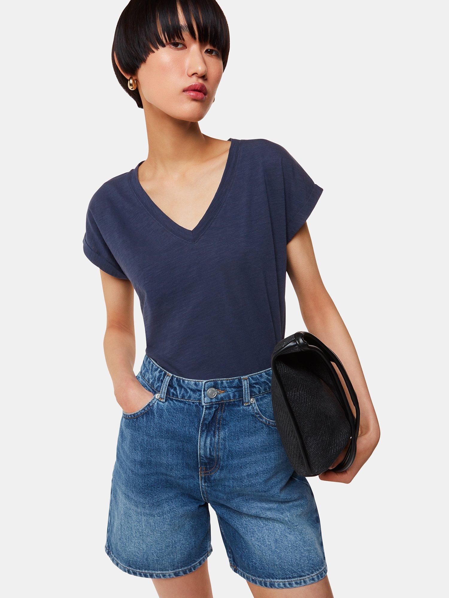Product image 1 of 5, which shows Whistles Willa Organic Cotton V-Neck Cap Sleeve T-Shirt, Navy, XS