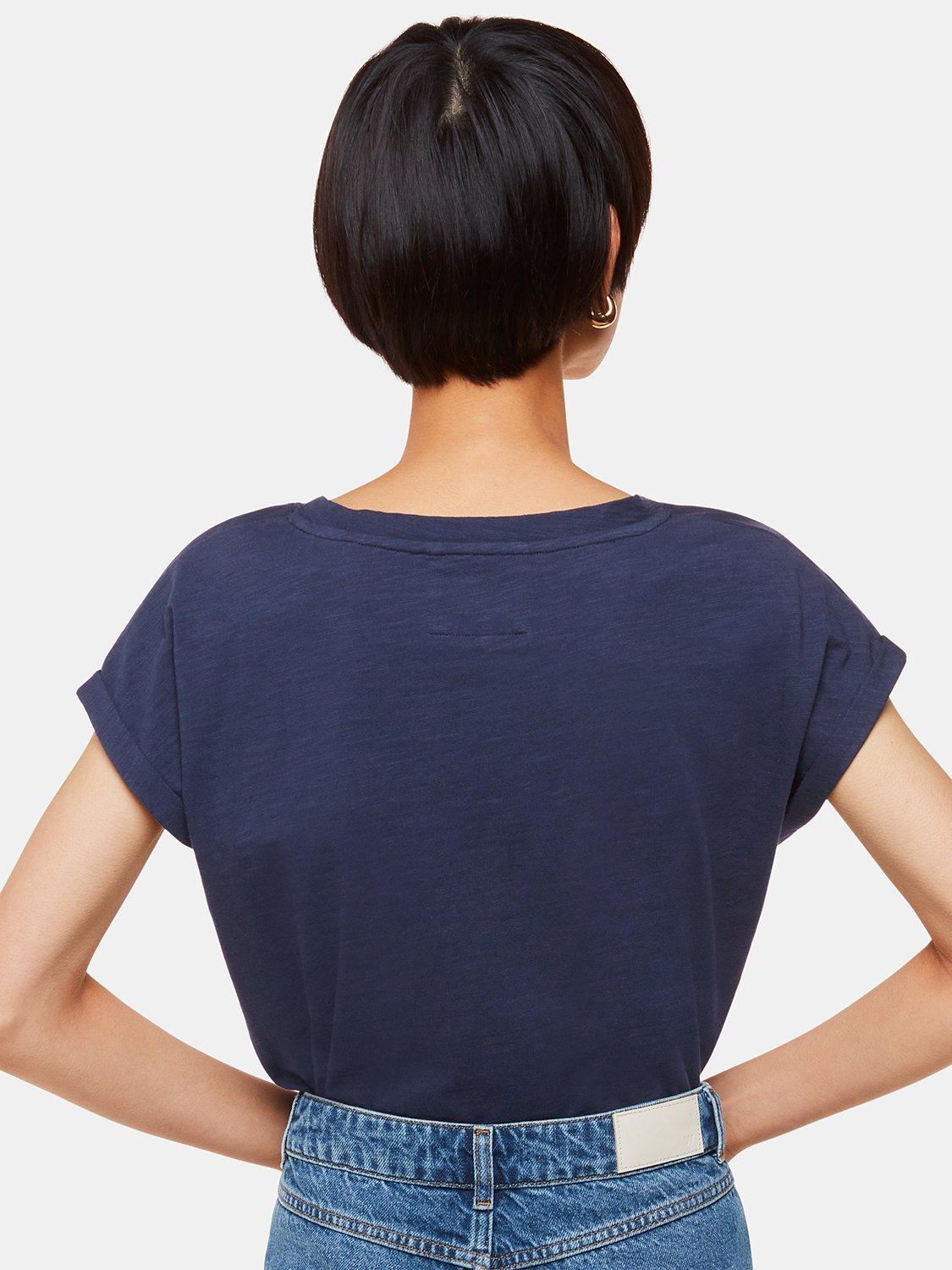 Product image 2 of 5, which shows Whistles Willa Organic Cotton V-Neck Cap Sleeve T-Shirt, Navy, XS