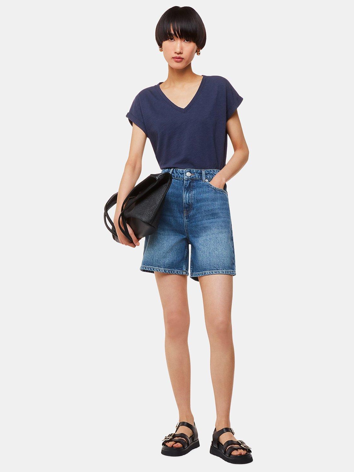 Product image 3 of 5, which shows Whistles Willa Organic Cotton V-Neck Cap Sleeve T-Shirt, Navy, XS