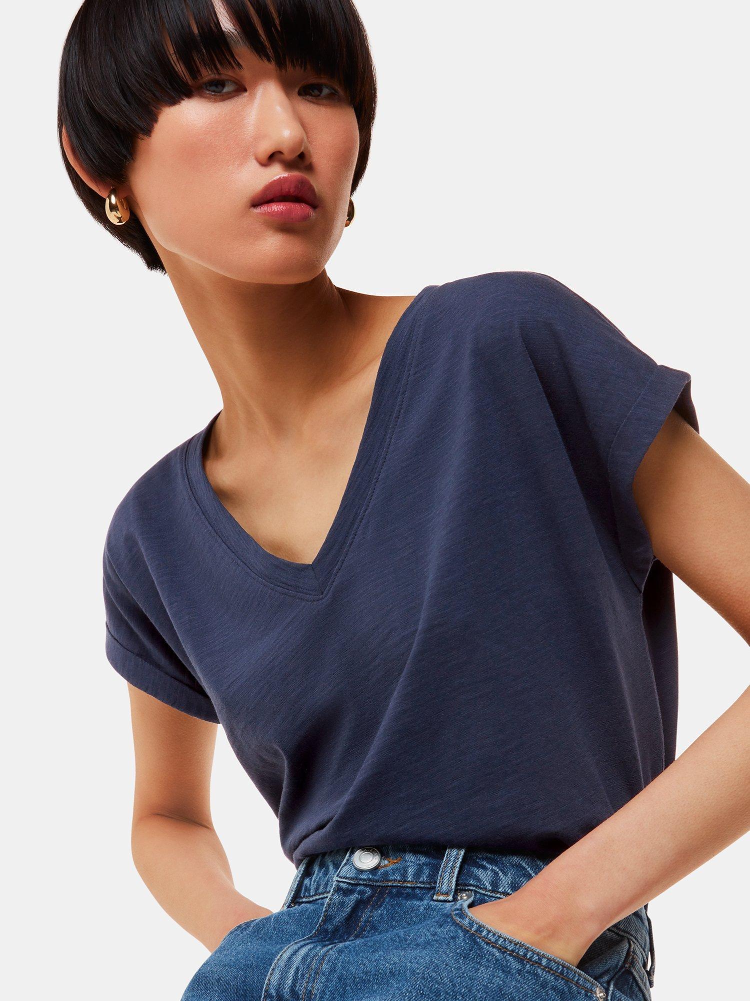 Product image 4 of 5, which shows Whistles Willa Organic Cotton V-Neck Cap Sleeve T-Shirt, Navy, XS