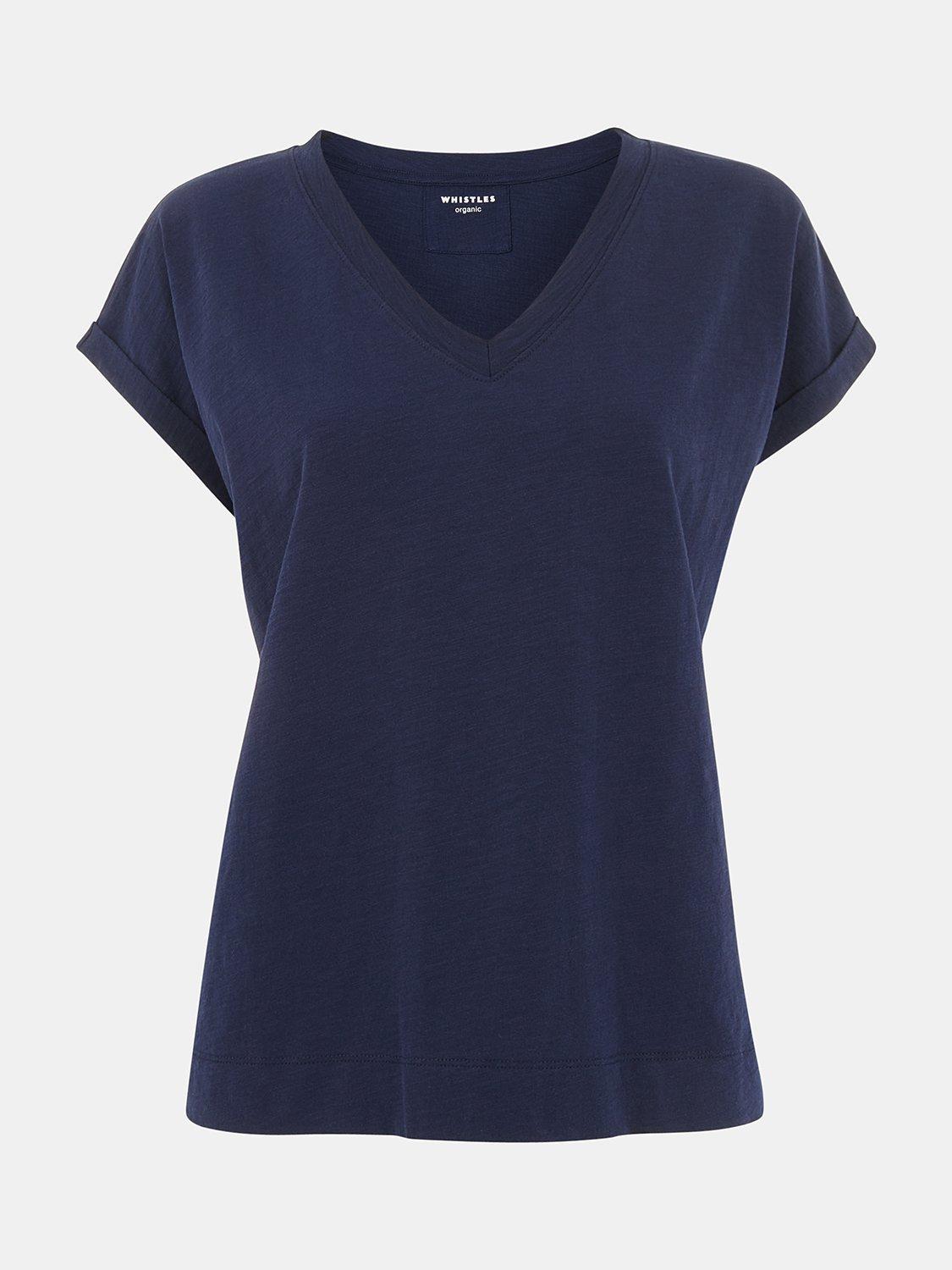 Product image 5 of 5, which shows Whistles Willa Organic Cotton V-Neck Cap Sleeve T-Shirt, Navy, XS