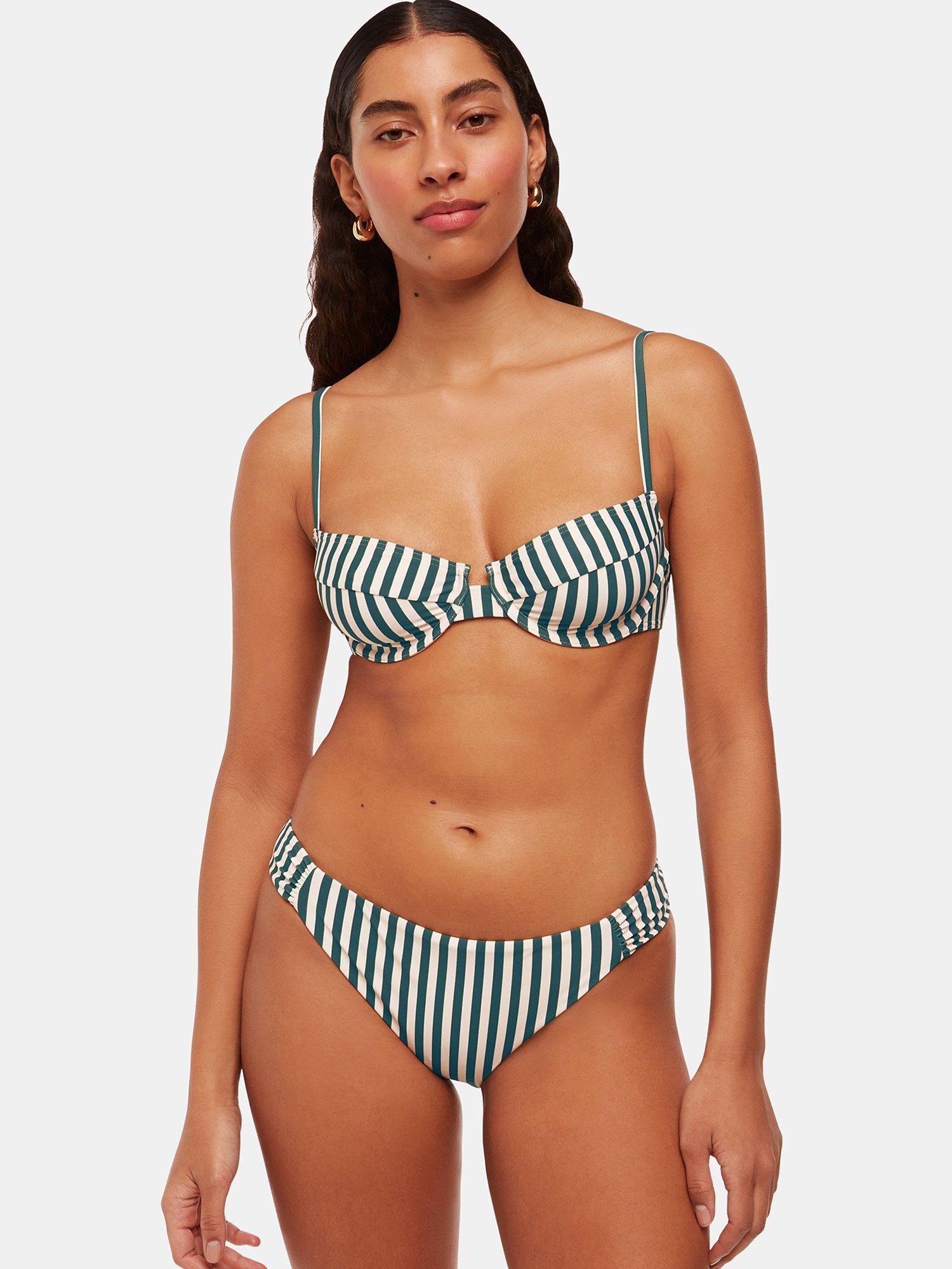 Product image 1 of 4, which shows Whistles Striped Bikini Bottoms, Green/White, 6