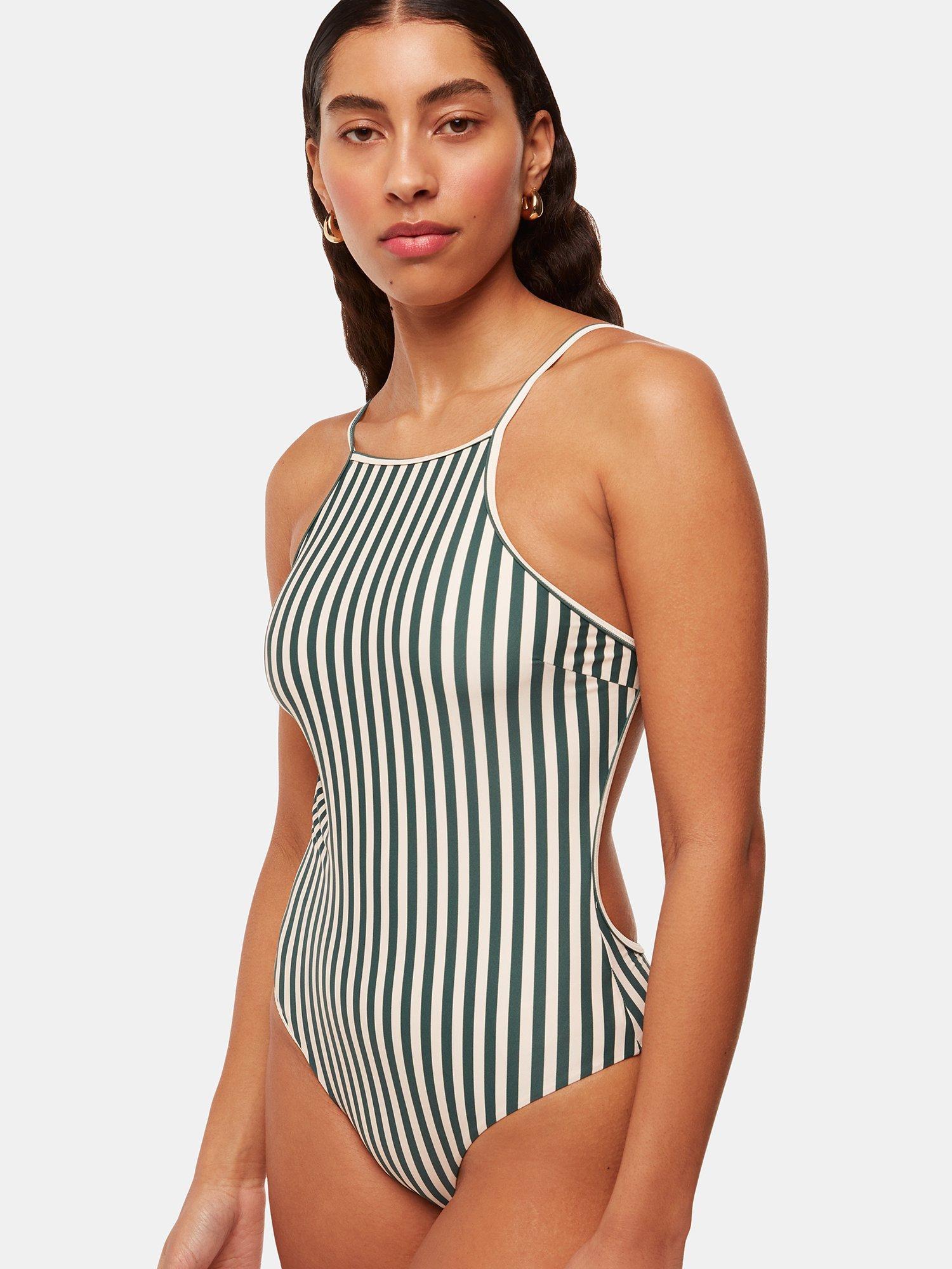 Whistles Striped Open Back Swimsuit, Green/White