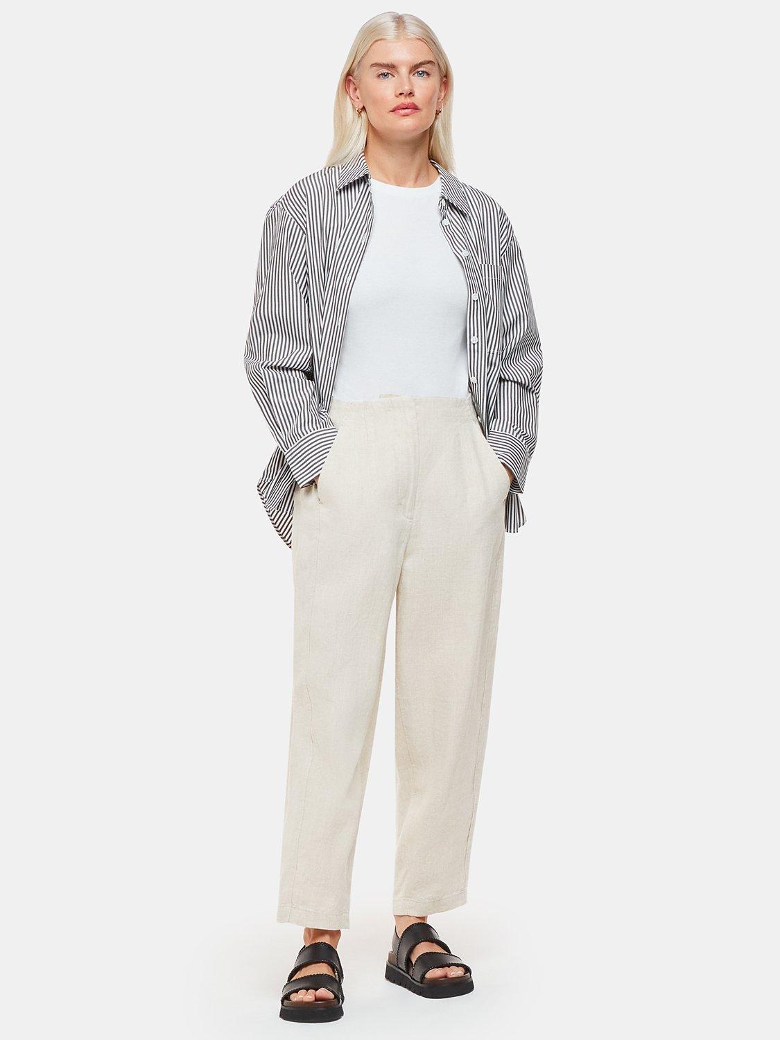 Product image 1 of 5, which shows Whistles Petite Linen Barrel Leg Trousers, Oatmeal, 6