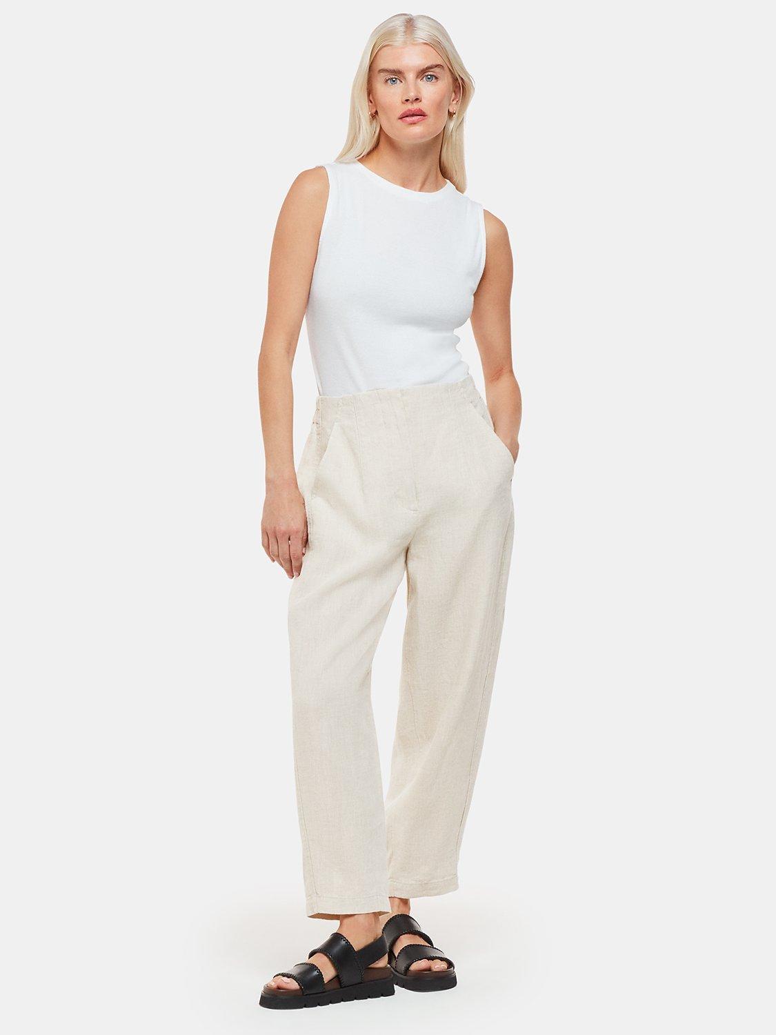 Product image 3 of 5, which shows Whistles Petite Linen Barrel Leg Trousers, Oatmeal, 6