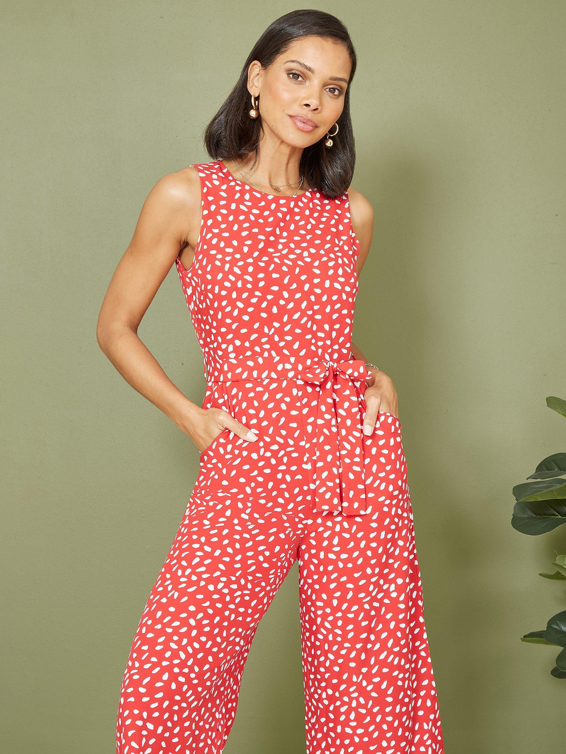 Product image 2 of 5, which shows Mela London Dash Print Culotte Jumpsuit, Red, 6