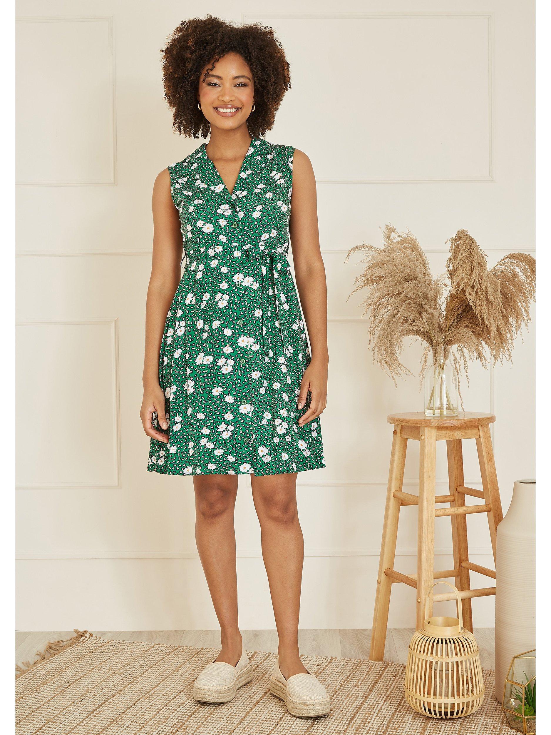 Product image 2 of 5, which shows Mela London Leopard And Daisy Print Shirt Dress, Green, 8