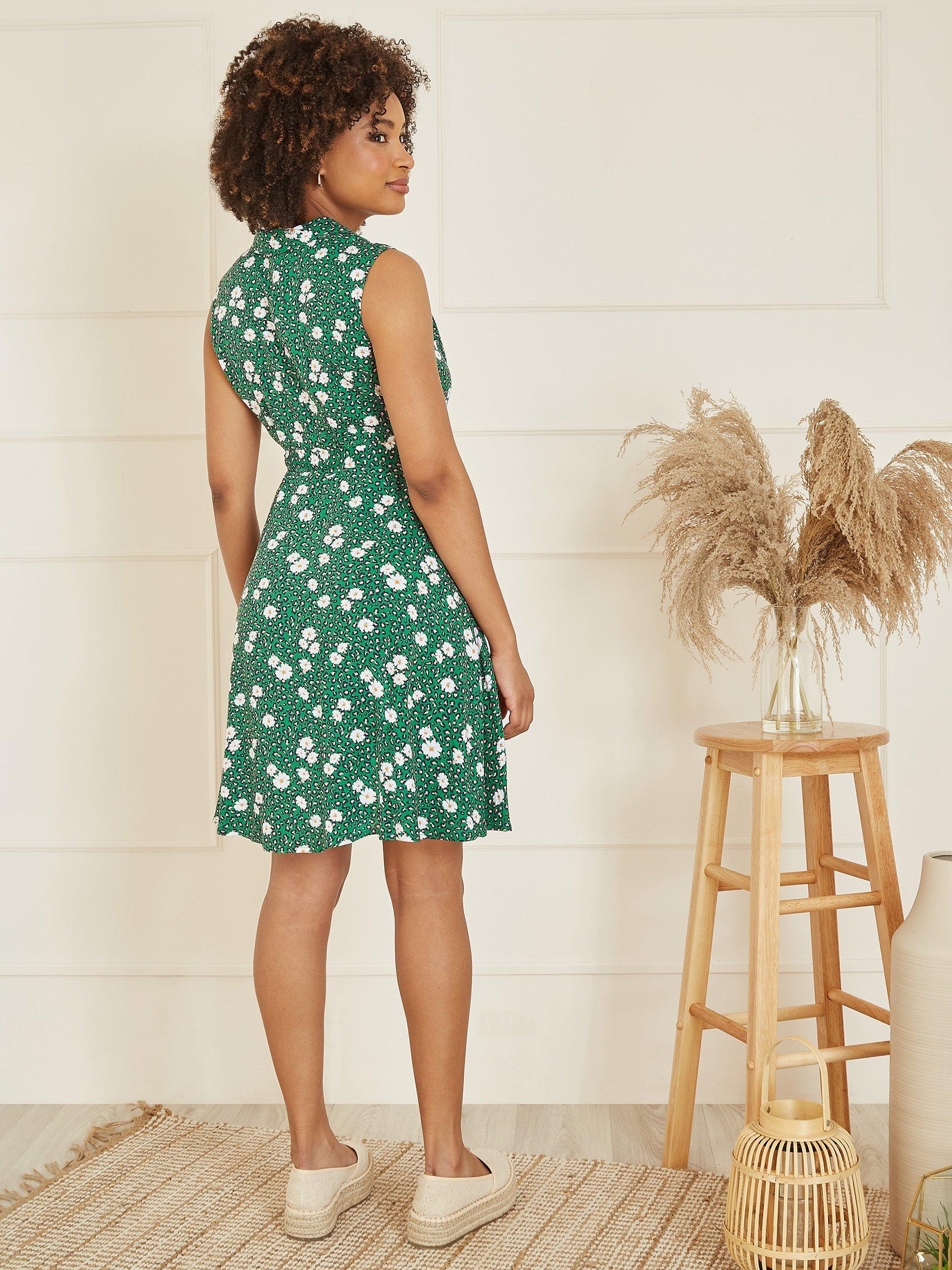 Product image 4 of 5, which shows Mela London Leopard And Daisy Print Shirt Dress, Green, 8