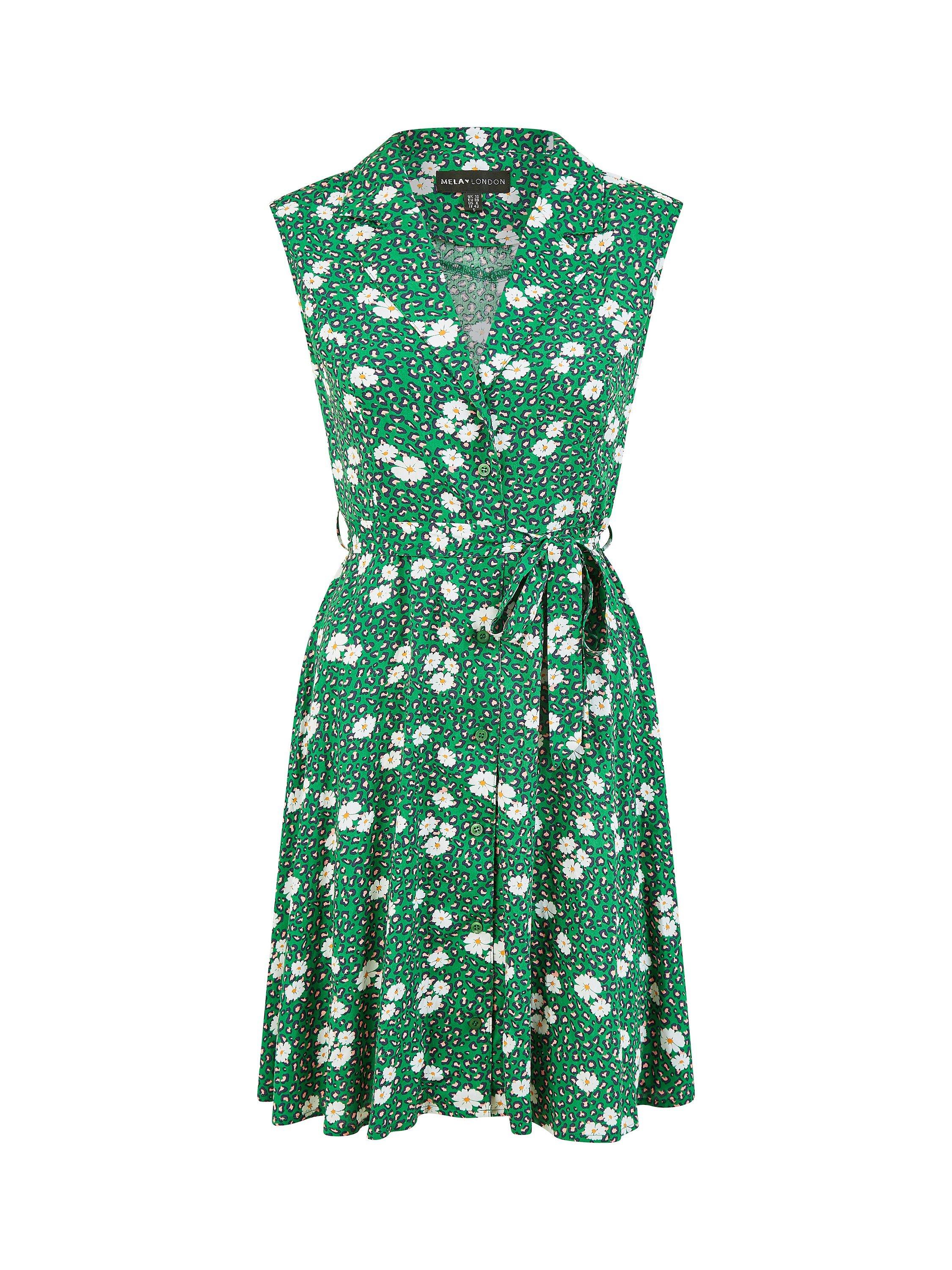 Product image 5 of 5, which shows Mela London Leopard And Daisy Print Shirt Dress, Green, 8