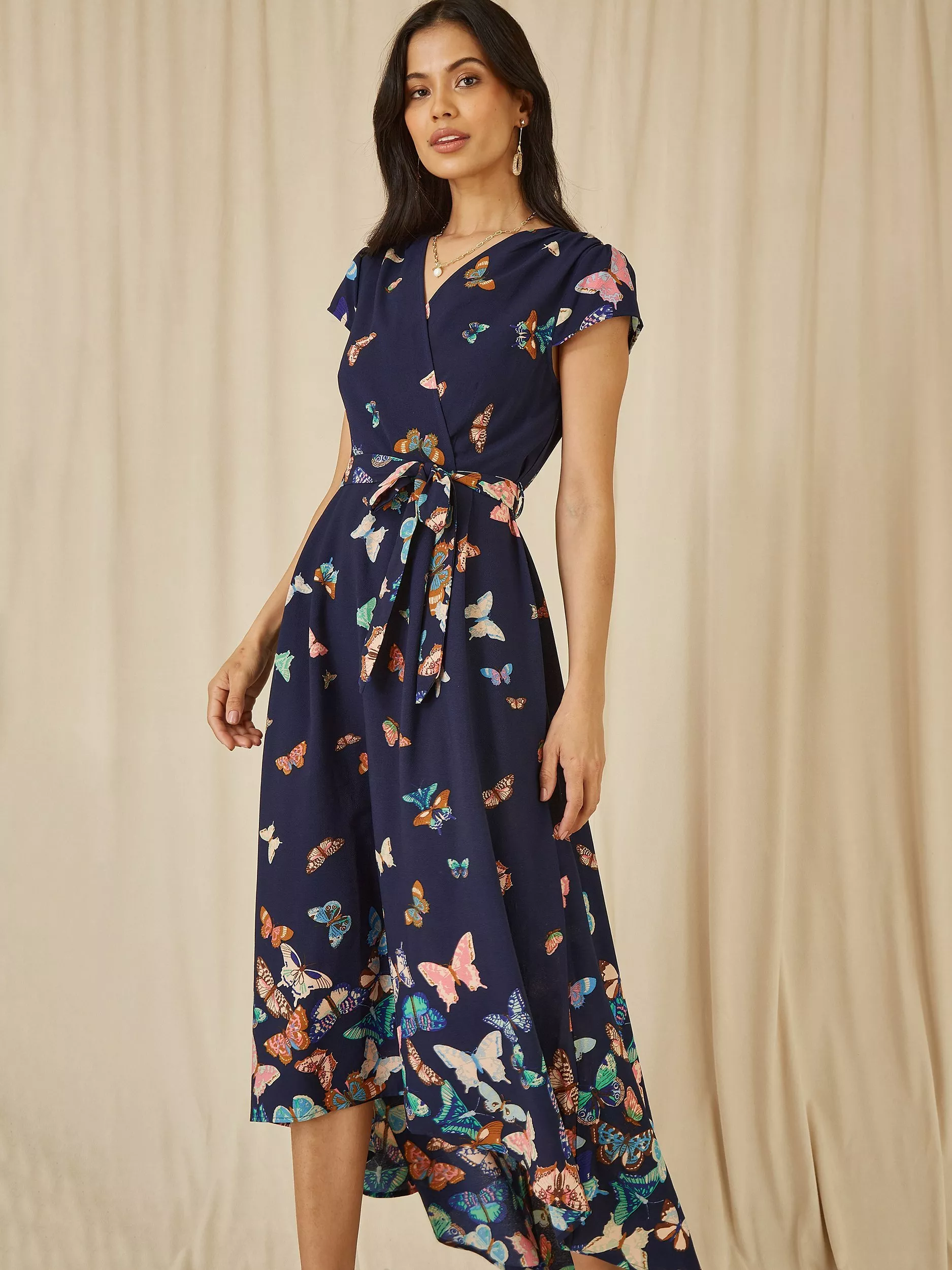 Mela London Butterfly Print Wrap Midi Dress Navy