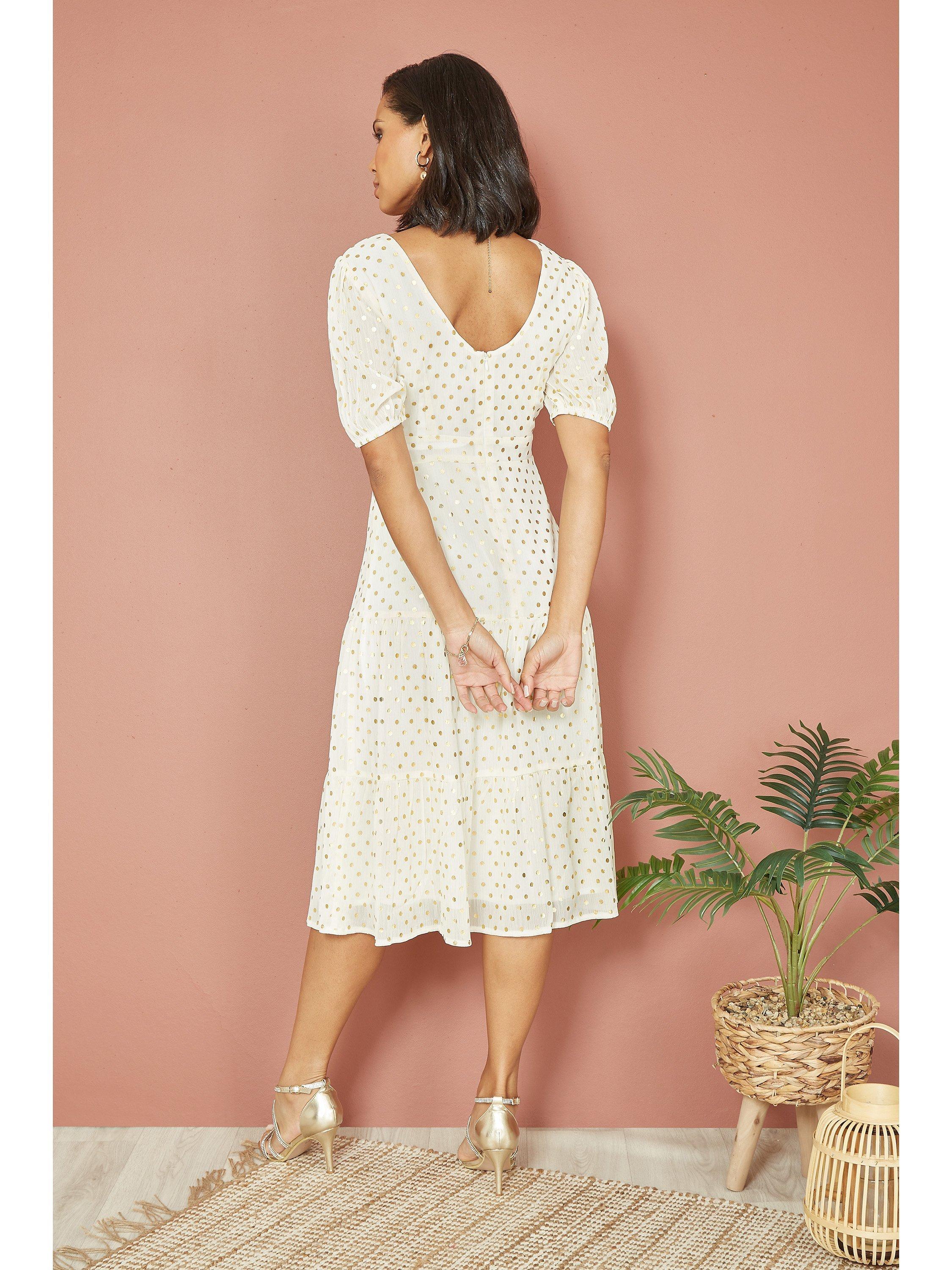 Product image 4 of 5, which shows Mela London Gold Foil Spot Midi Dress, Ivory/Gold, 6