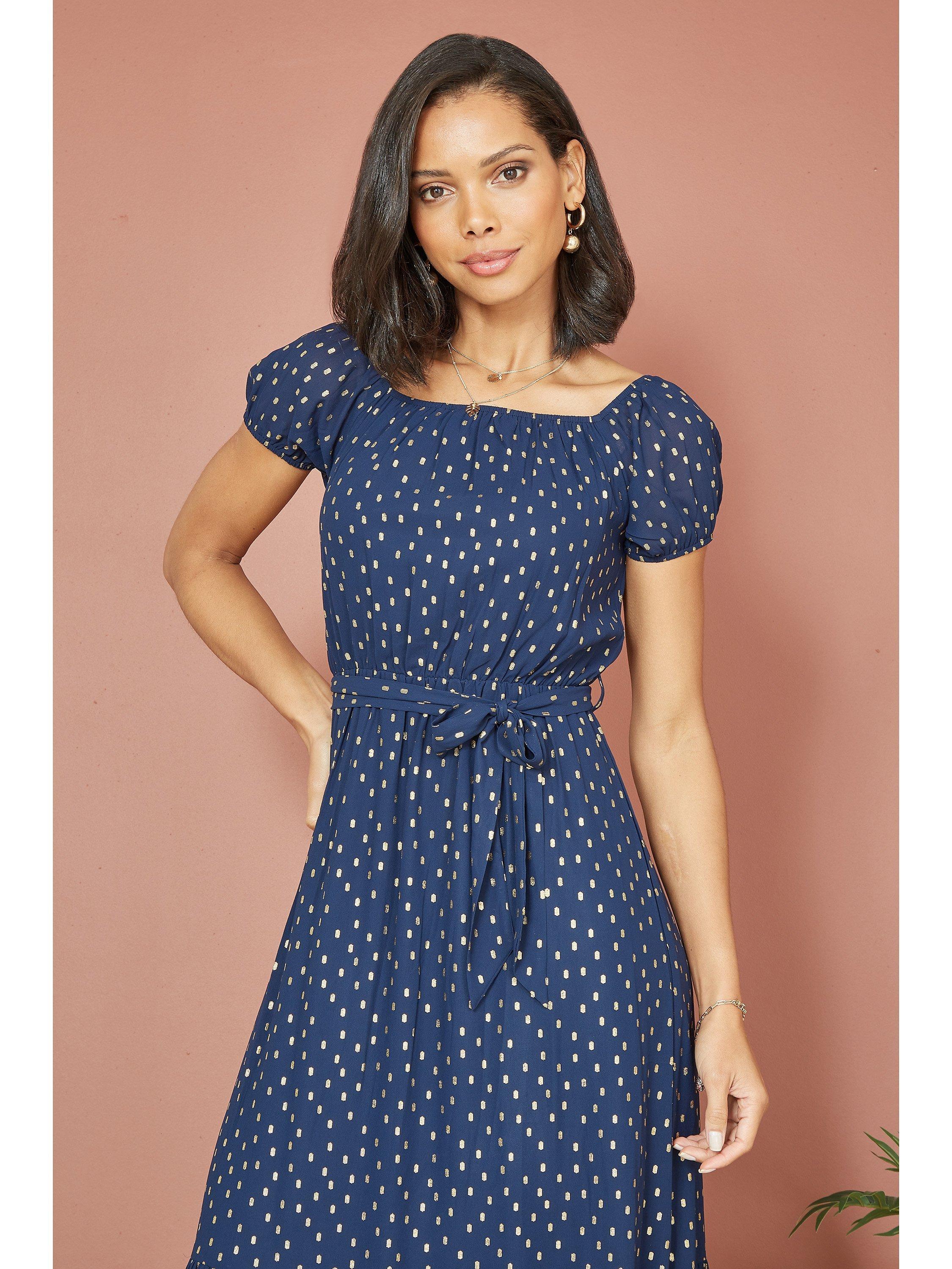 Product image 3 of 5, which shows Mela London Foil Print Bardot Midi Dress, Navy, 8
