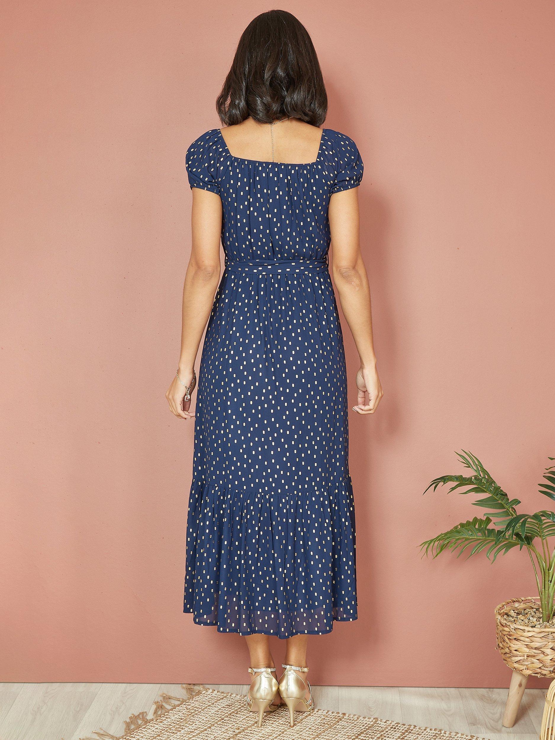 Product image 4 of 5, which shows Mela London Foil Print Bardot Midi Dress, Navy, 8