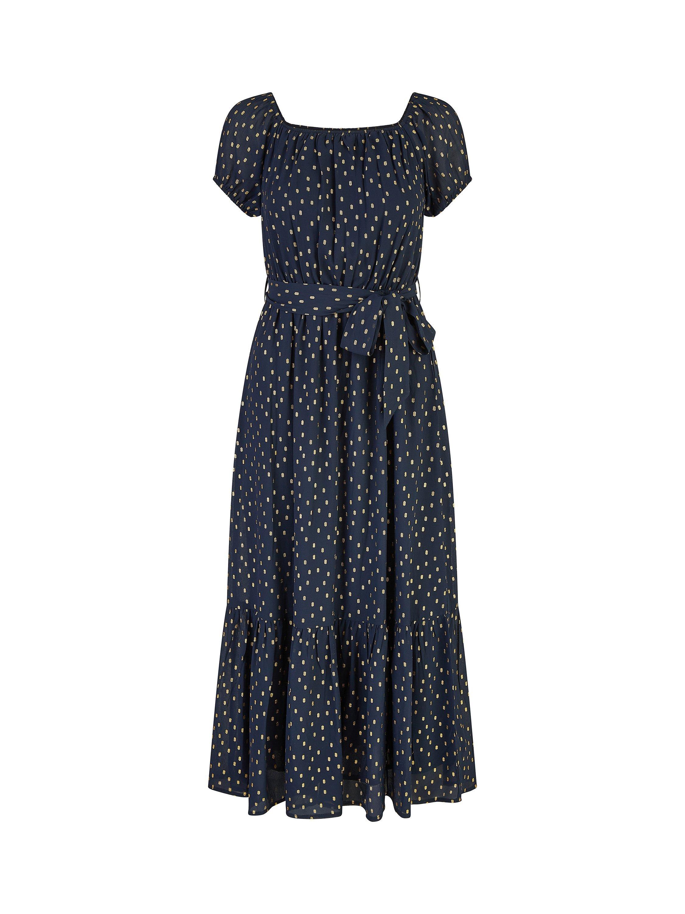 Product image 5 of 5, which shows Mela London Foil Print Bardot Midi Dress, Navy, 8