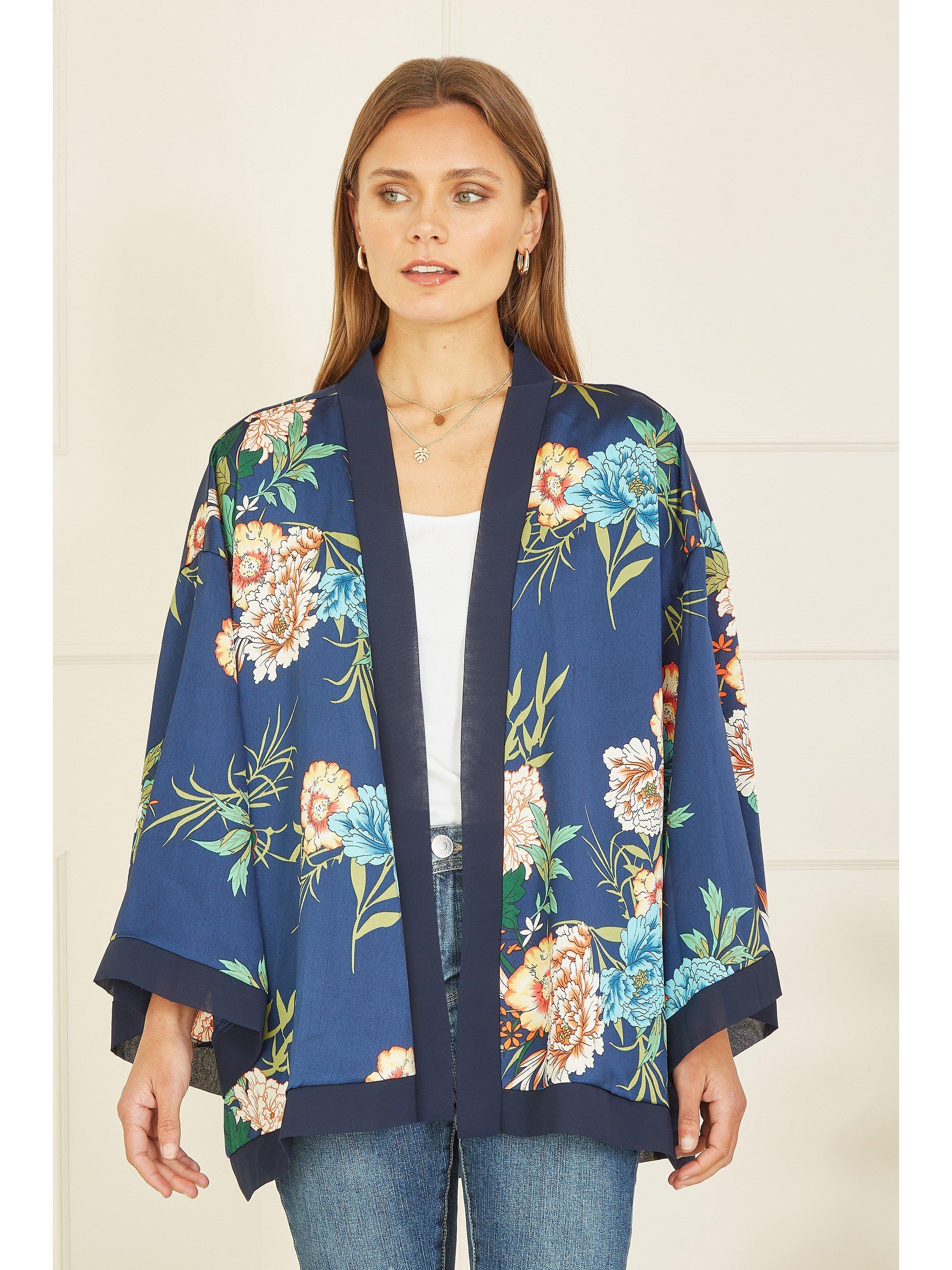 Product image 1 of 5, which shows Mela London Floral Satin Kimono, Navy, 8