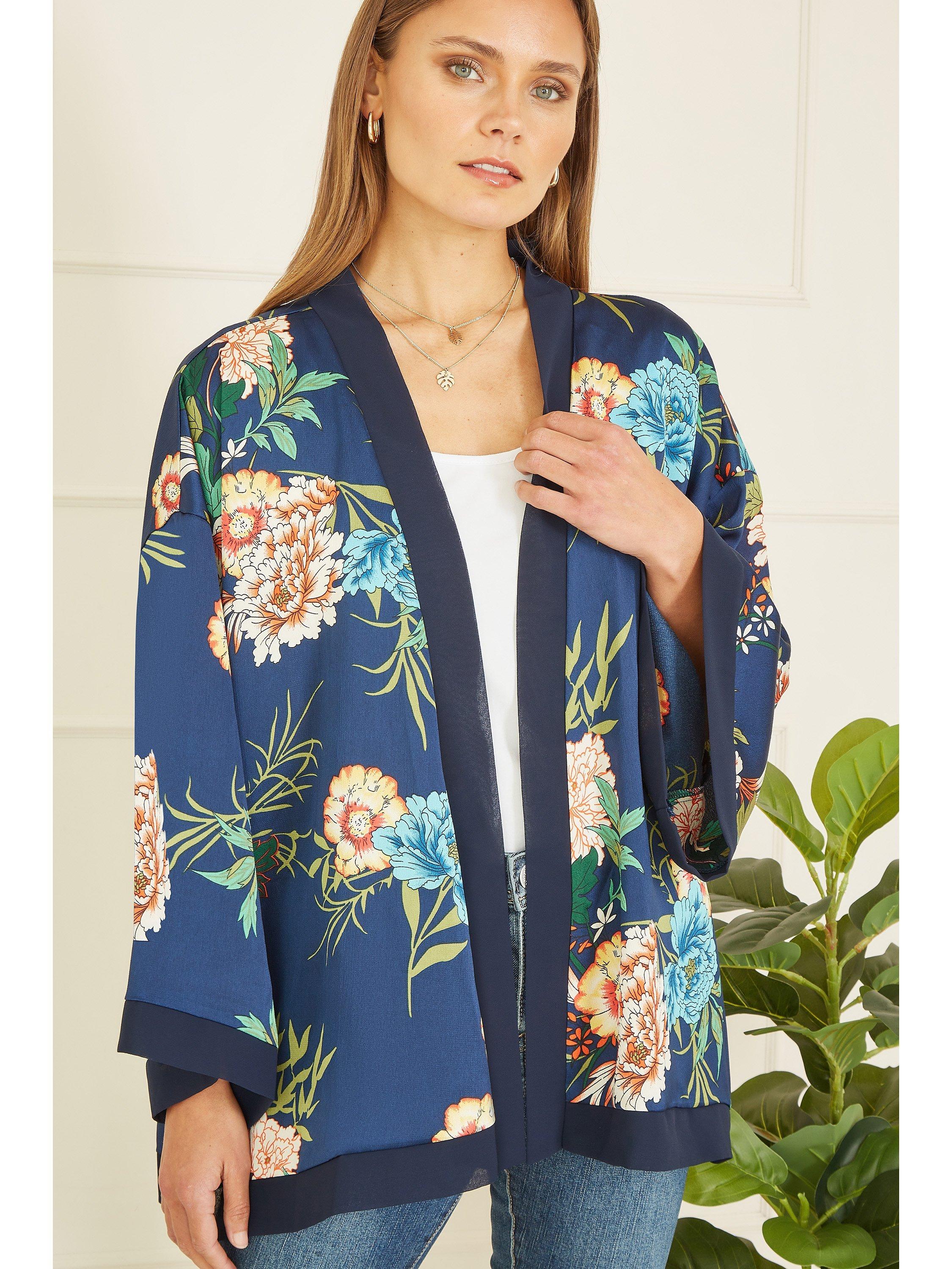 Product image 2 of 5, which shows Mela London Floral Satin Kimono, Navy, 8
