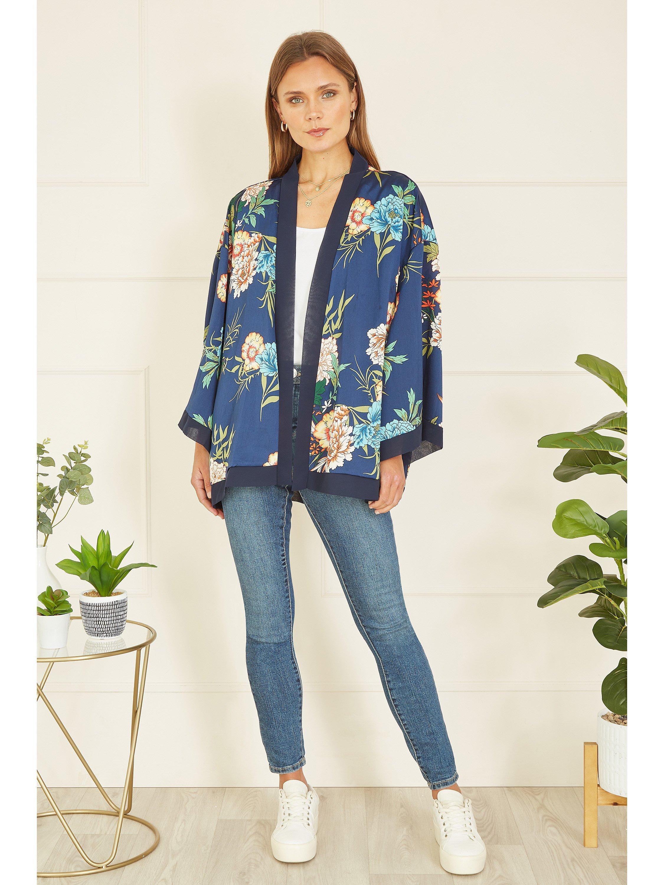 Product image 3 of 5, which shows Mela London Floral Satin Kimono, Navy, 8