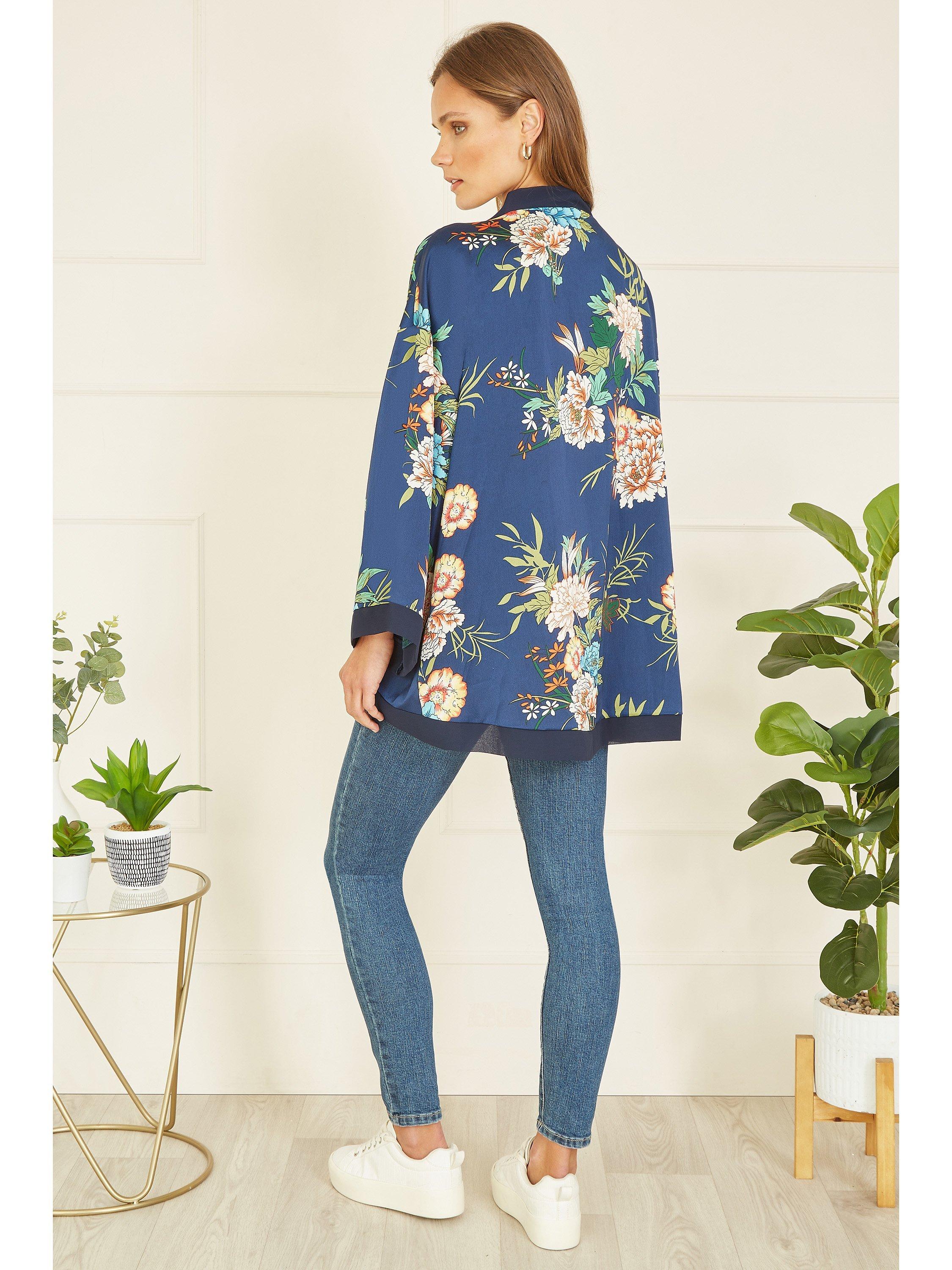 Product image 4 of 5, which shows Mela London Floral Satin Kimono, Navy, 8