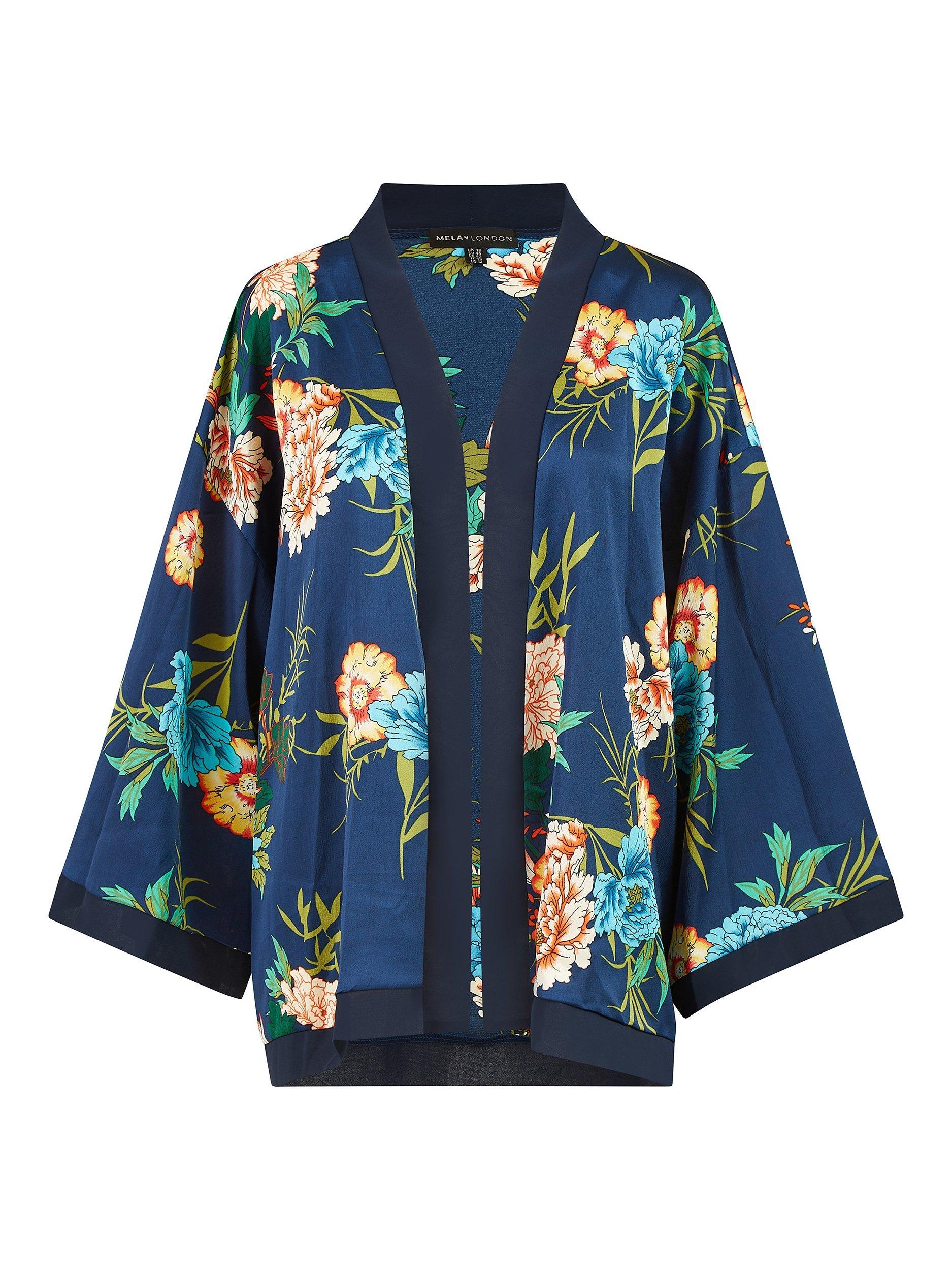 Product image 5 of 5, which shows Mela London Floral Satin Kimono, Navy, 8