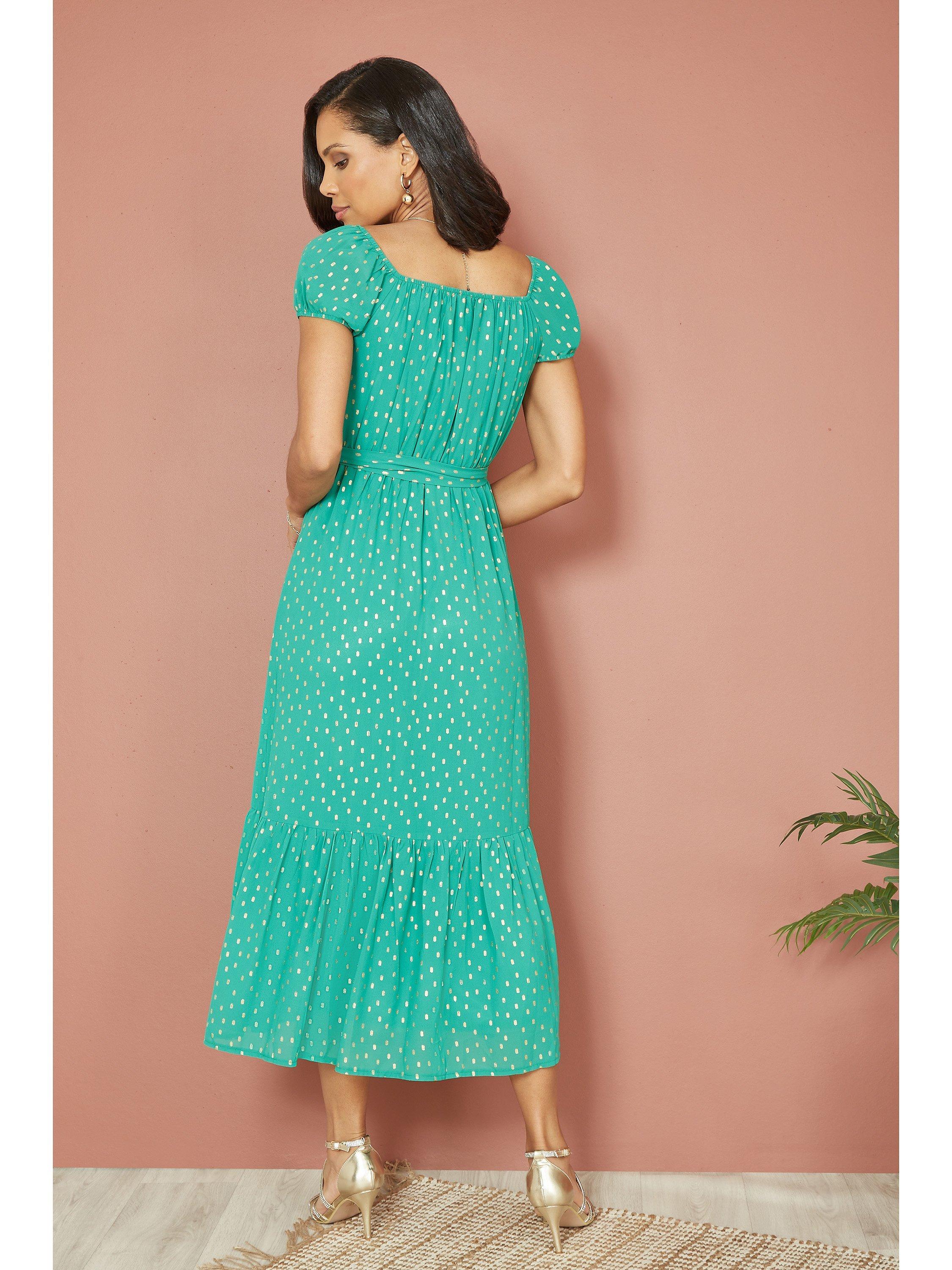 Product image 3 of 4, which shows Mela London Foil Print Bardot Midi Dress, Green, 8