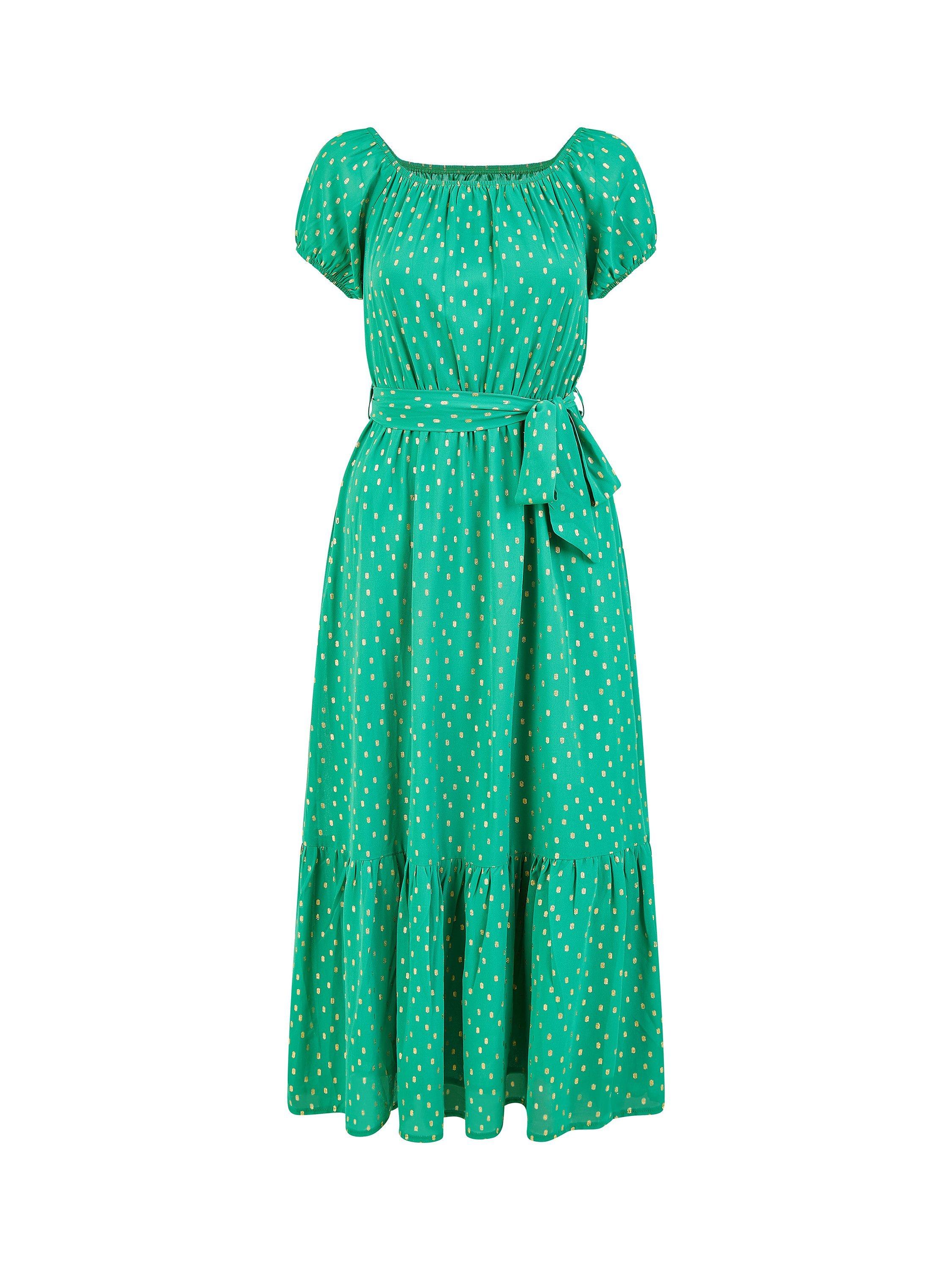 Product image 4 of 4, which shows Mela London Foil Print Bardot Midi Dress, Green, 8