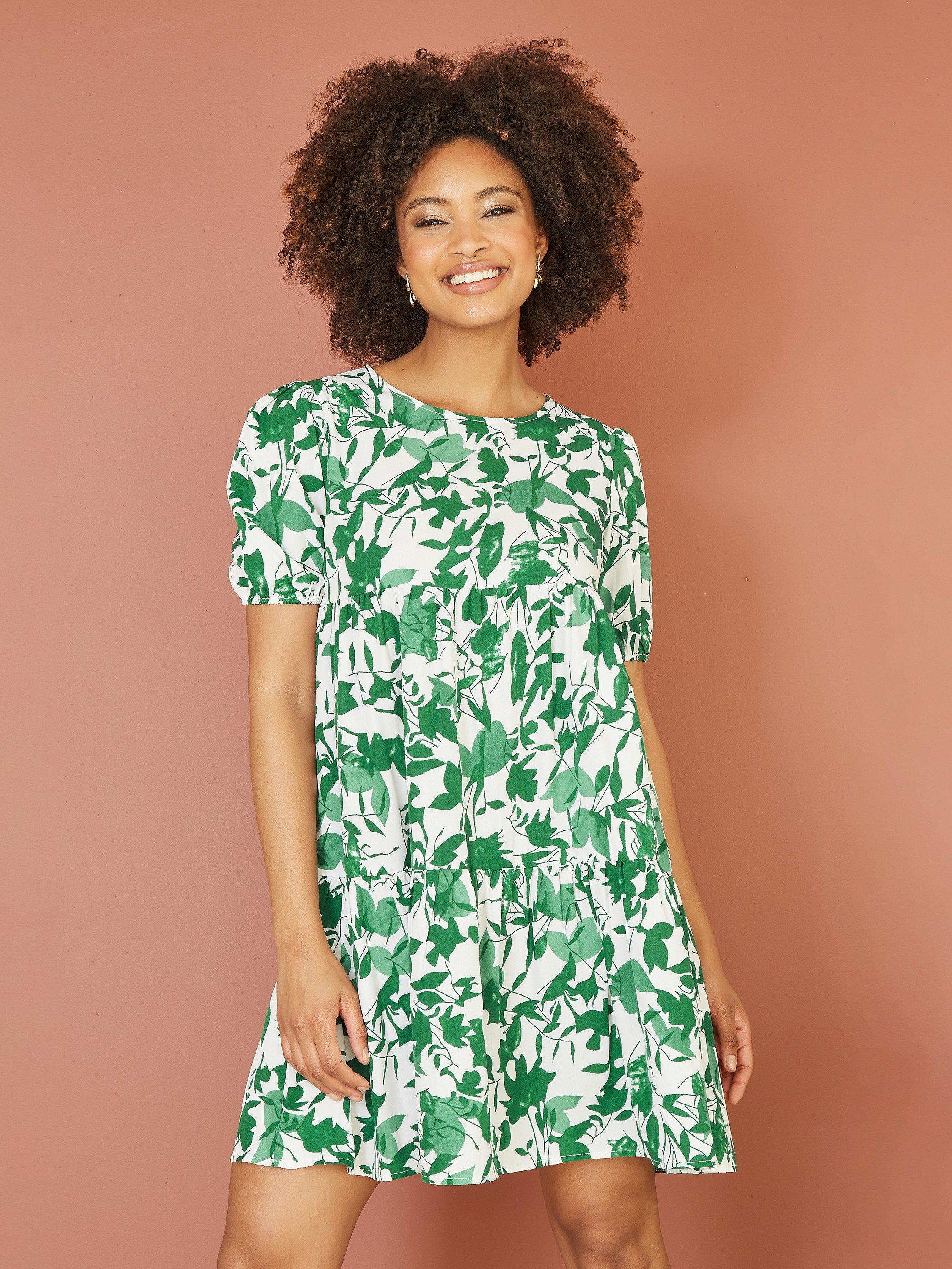 Mela London Leaf Print Tunic Skater Dress, Green