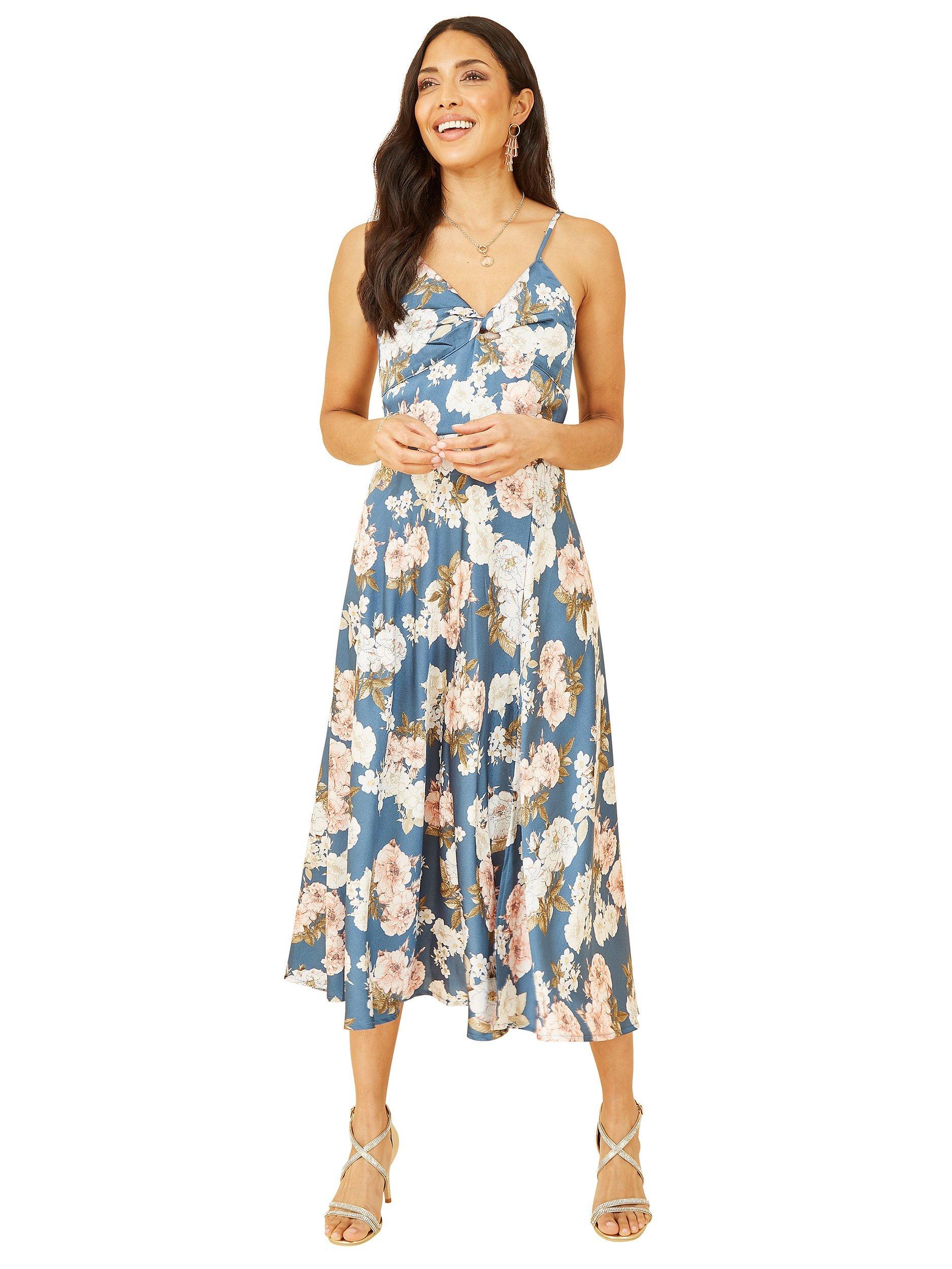 Product image 3 of 5, which shows Mela London Floral Satin Twist Front Midi Dress, Blue, 8
