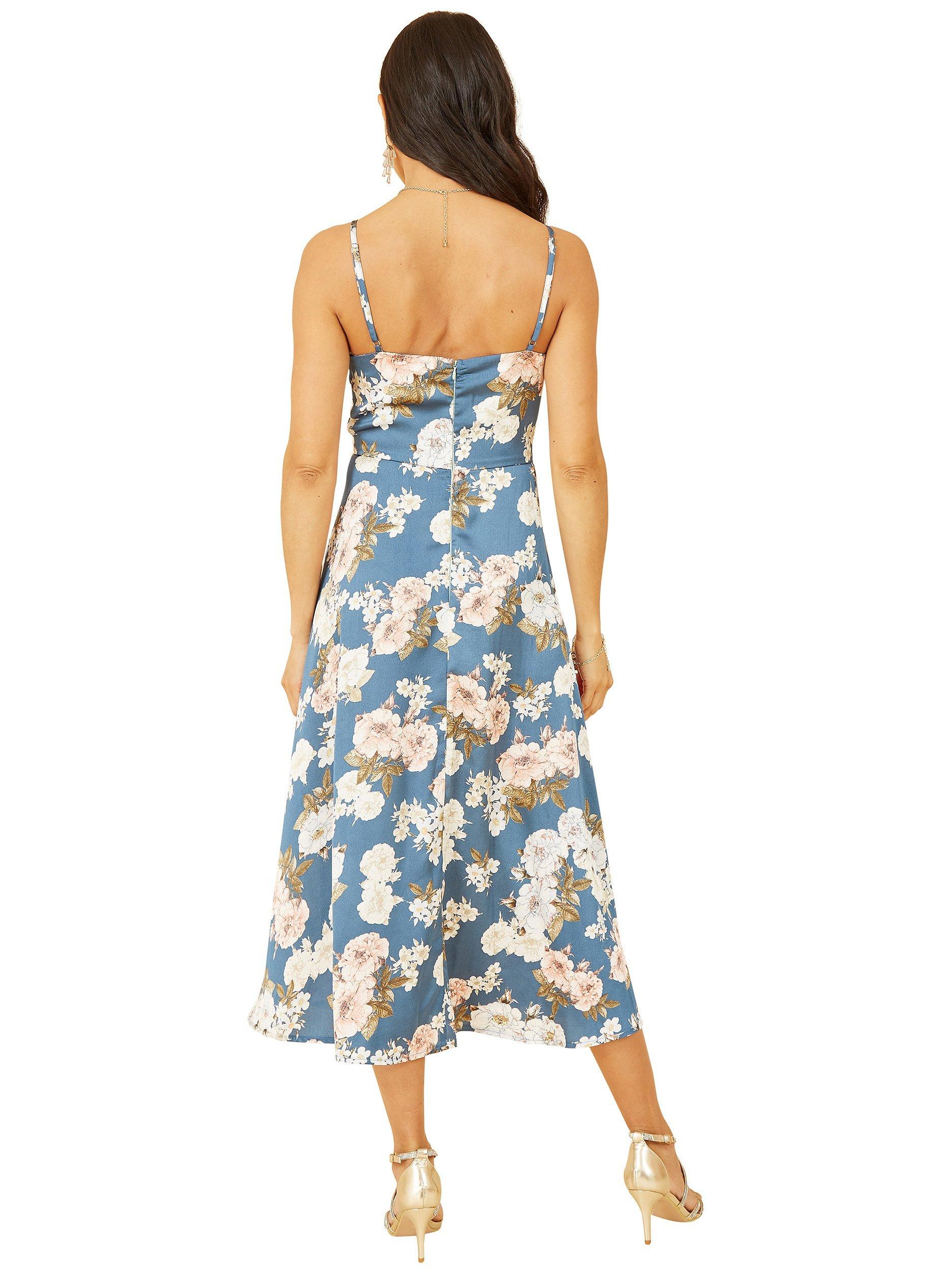 Product image 4 of 5, which shows Mela London Floral Satin Twist Front Midi Dress, Blue, 8
