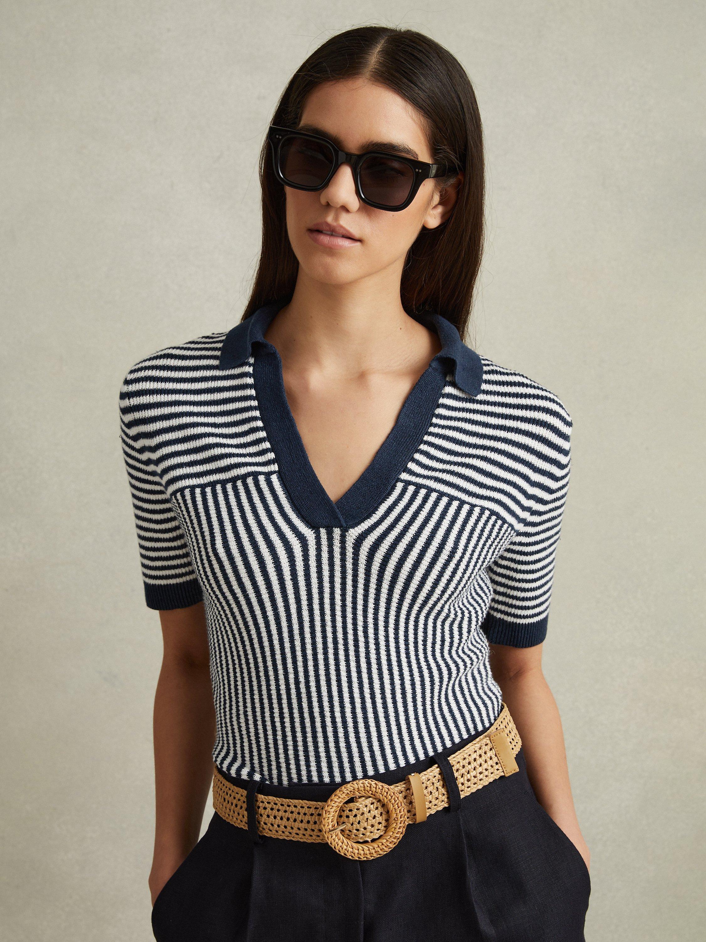 Reiss Stevie Linen Blend Striped Polo Top, Navy/Ivory