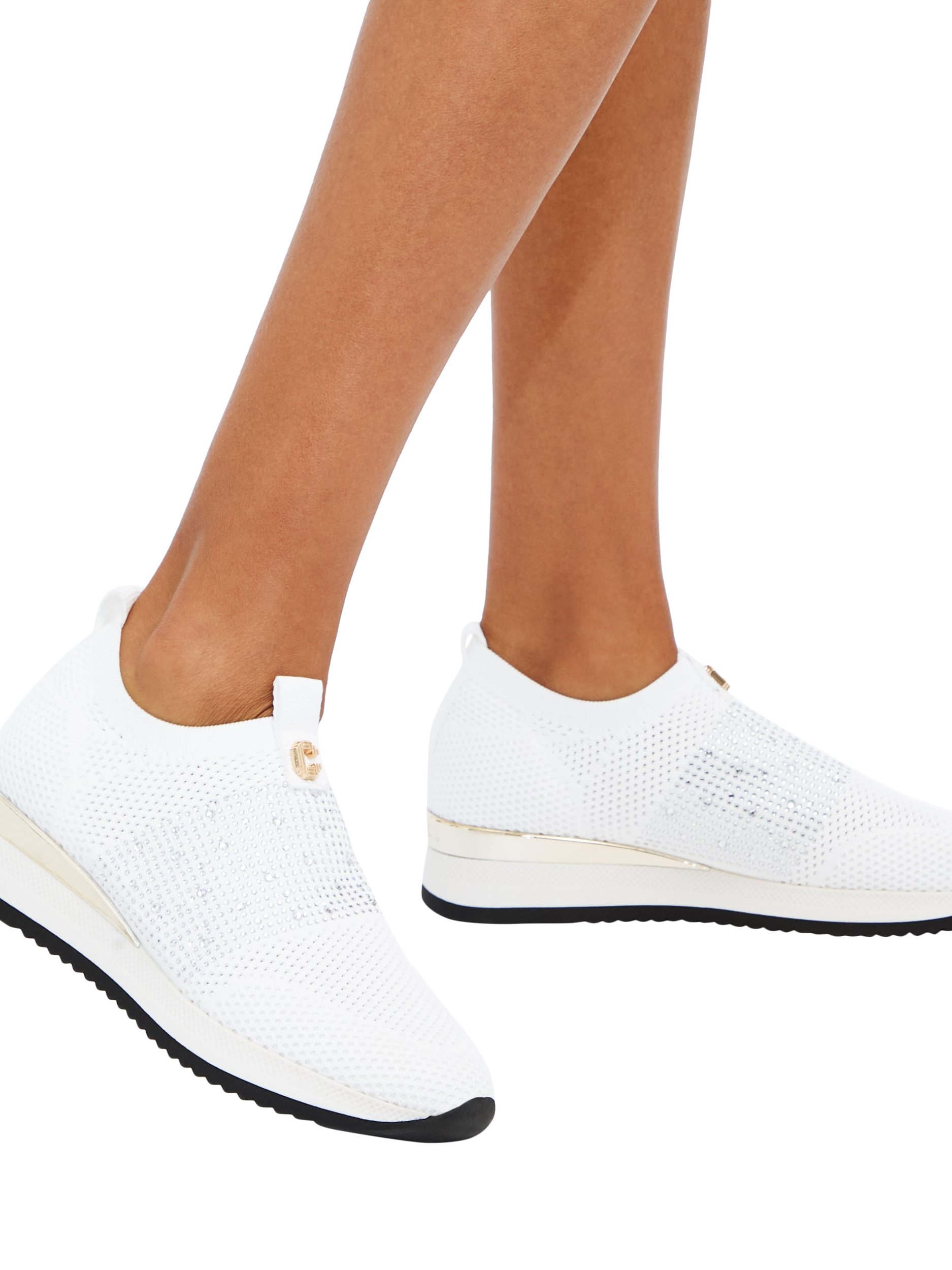 Carvela Janeiro 2 Knitted Embellished Slip On Trainers, White, 3