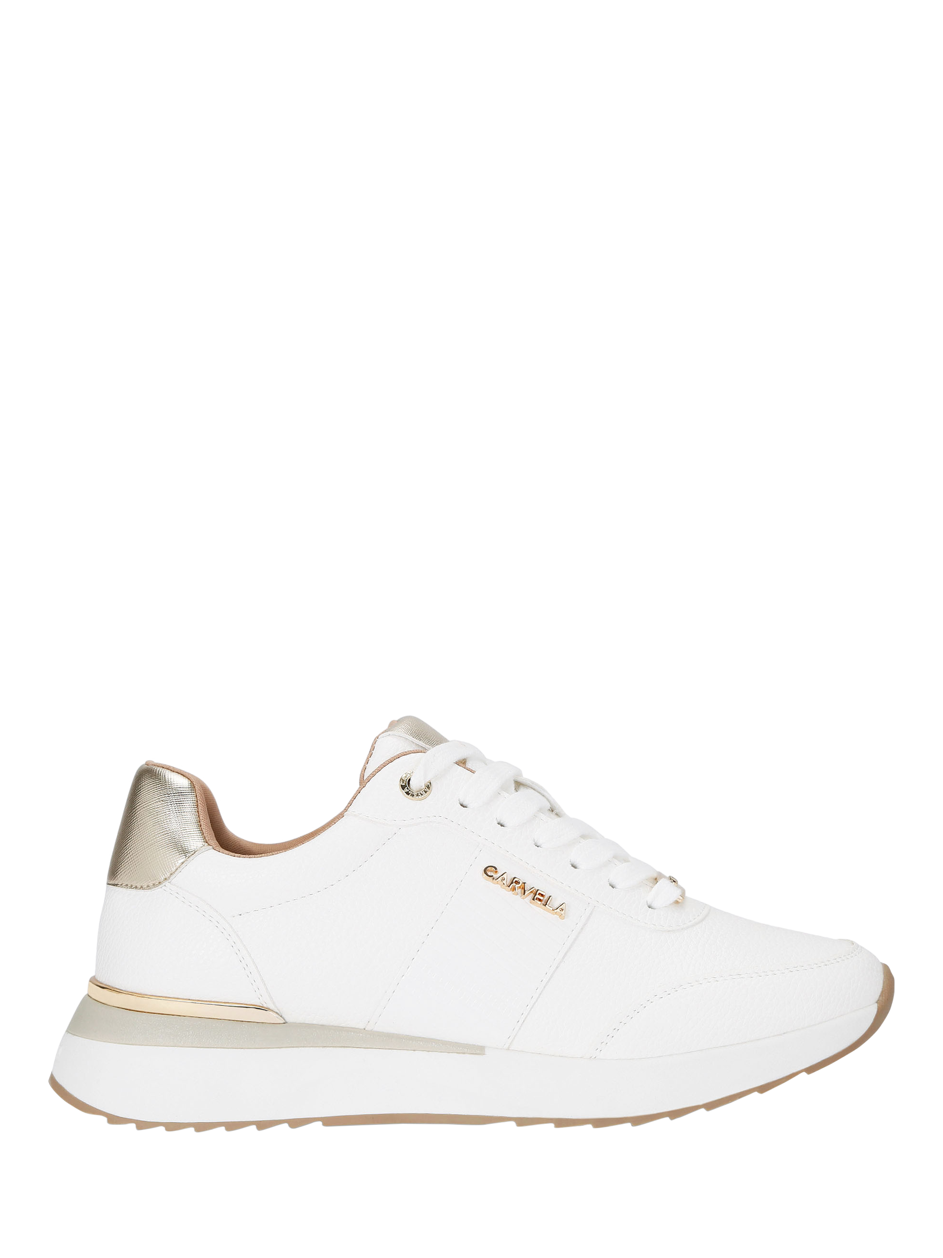 Product image 1 of 4, which shows Carvela Fleet Metallic Panel Trainers, White/Gold, 3