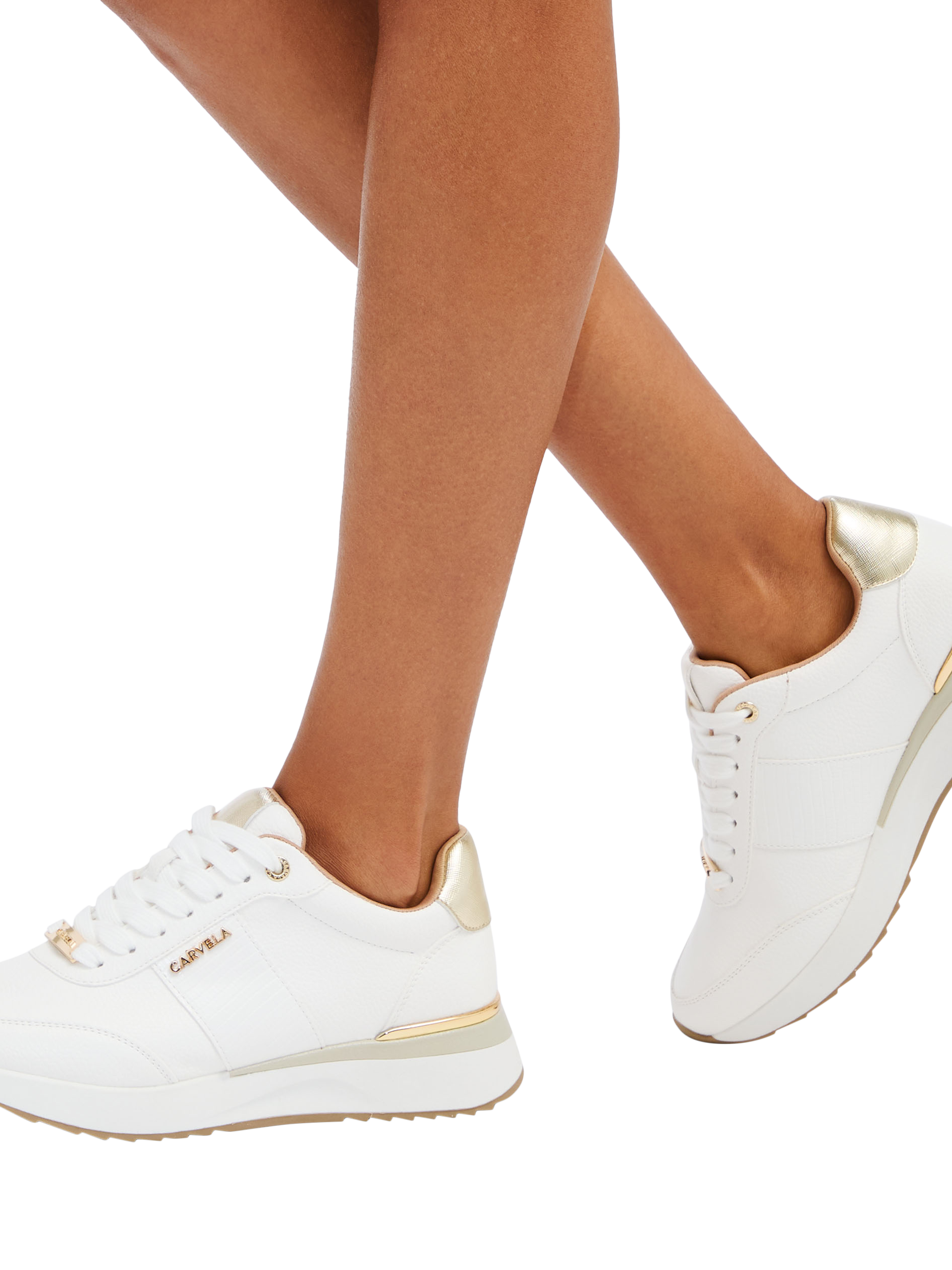 Product image 2 of 4, which shows Carvela Fleet Metallic Panel Trainers, White/Gold, 3