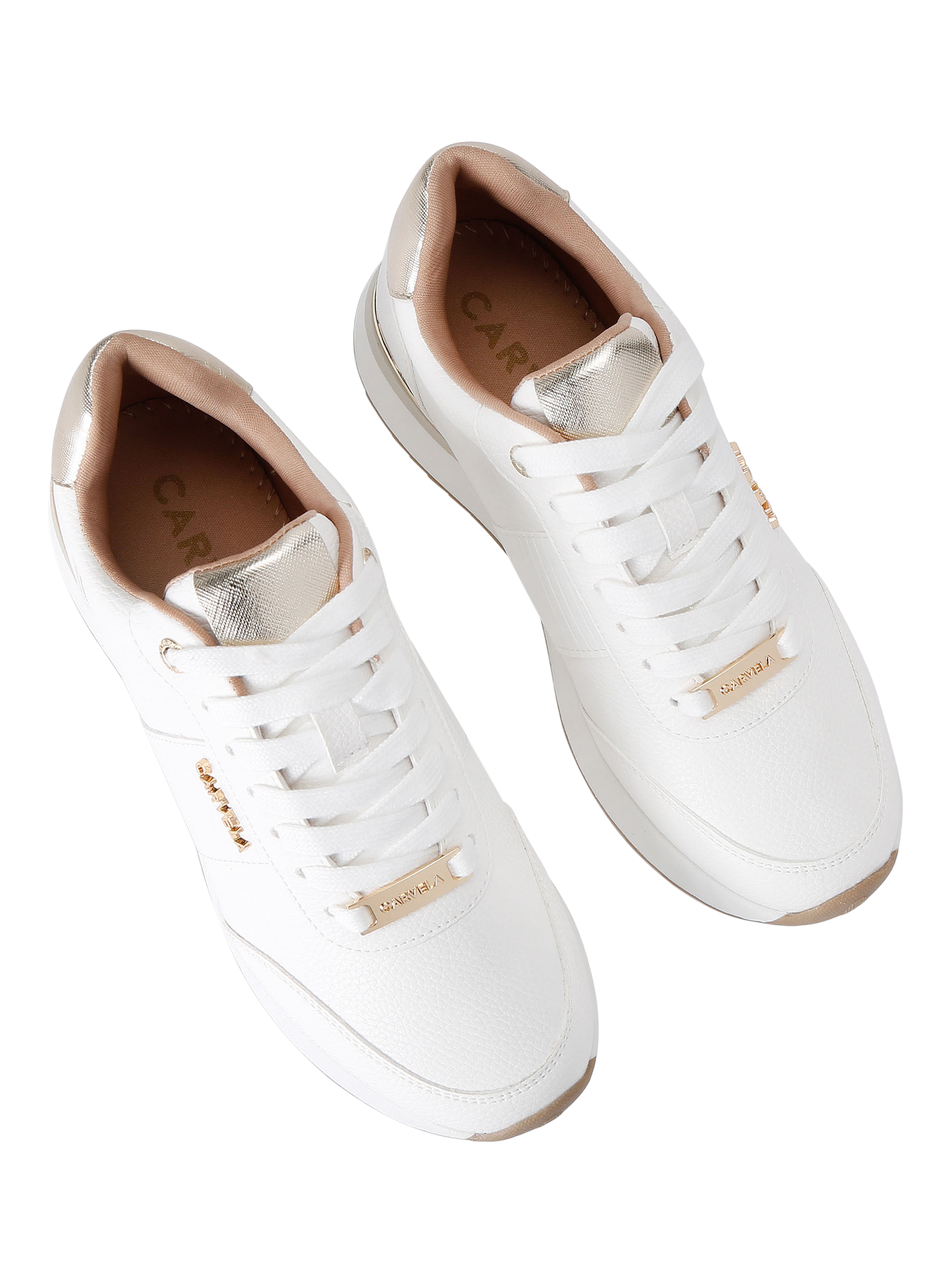 Product image 3 of 4, which shows Carvela Fleet Metallic Panel Trainers, White/Gold, 3