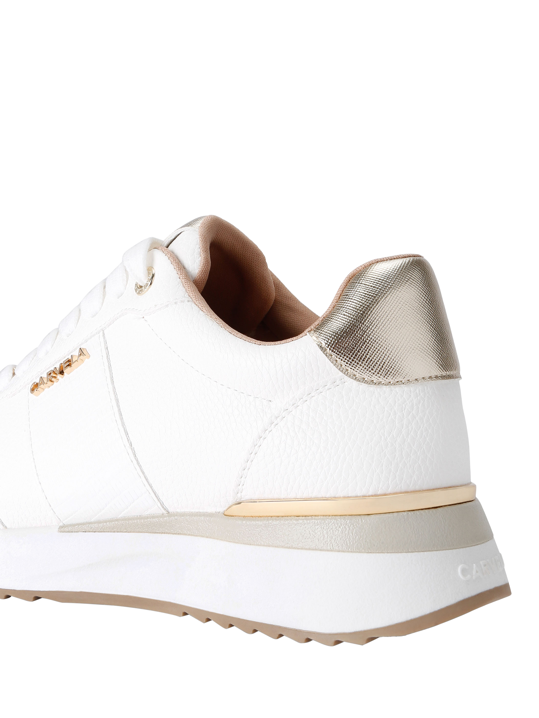 Product image 4 of 4, which shows Carvela Fleet Metallic Panel Trainers, White/Gold, 3