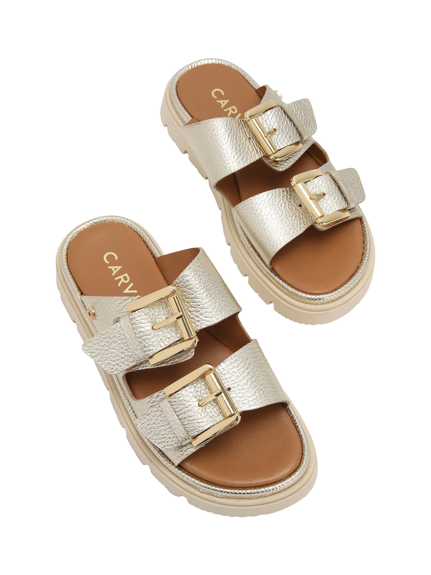 Product image 3 of 5, which shows Carvela Pavilion Leather Double Strap Sandals, Gold, 3