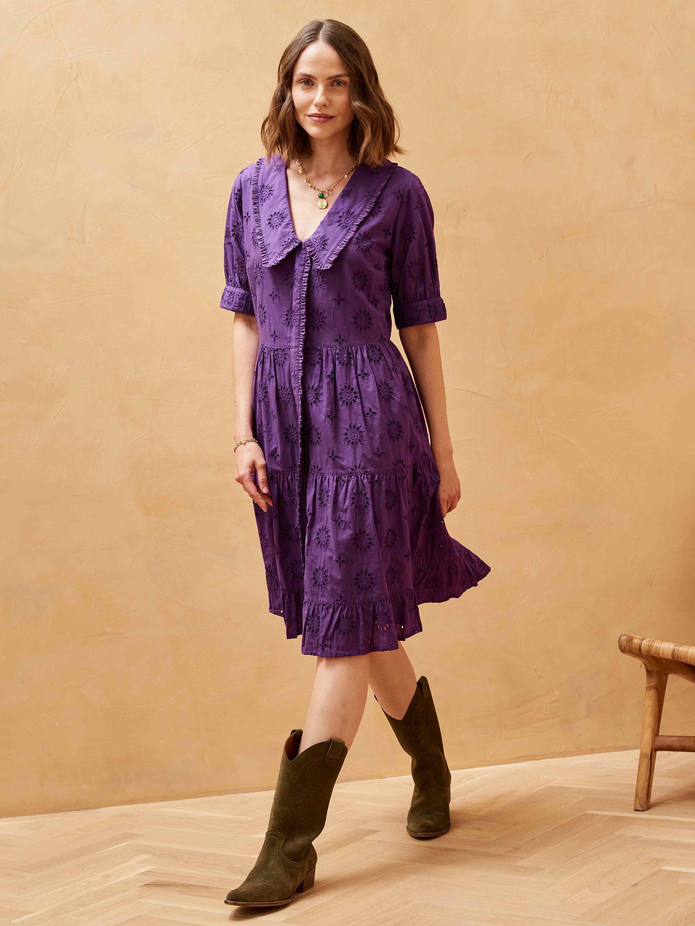 Brora Organic Cotton Broderie Anglaise Tiered Dress Violet