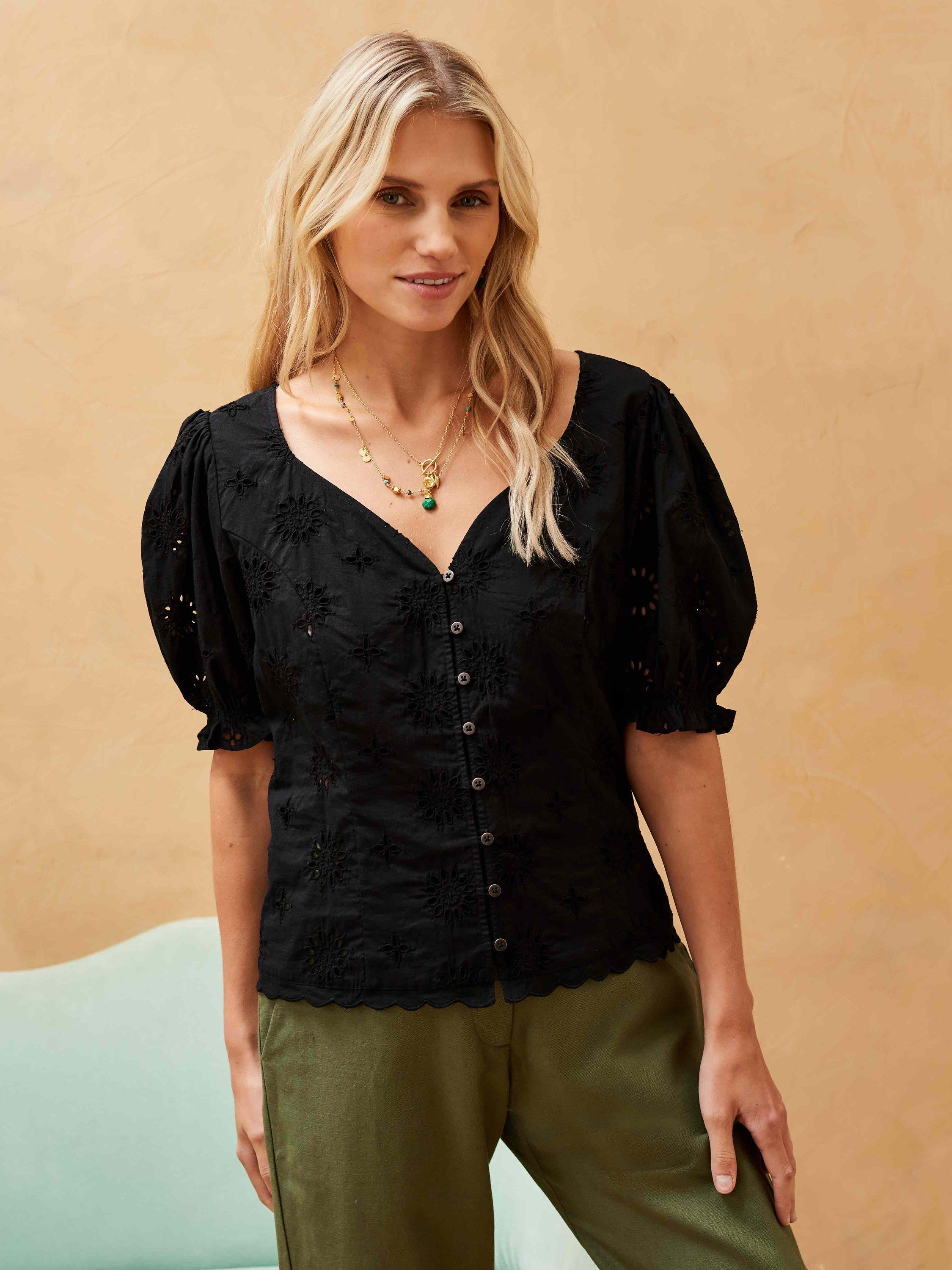 Brora Organic Cotton Broderie Anglaise Blouse, Black