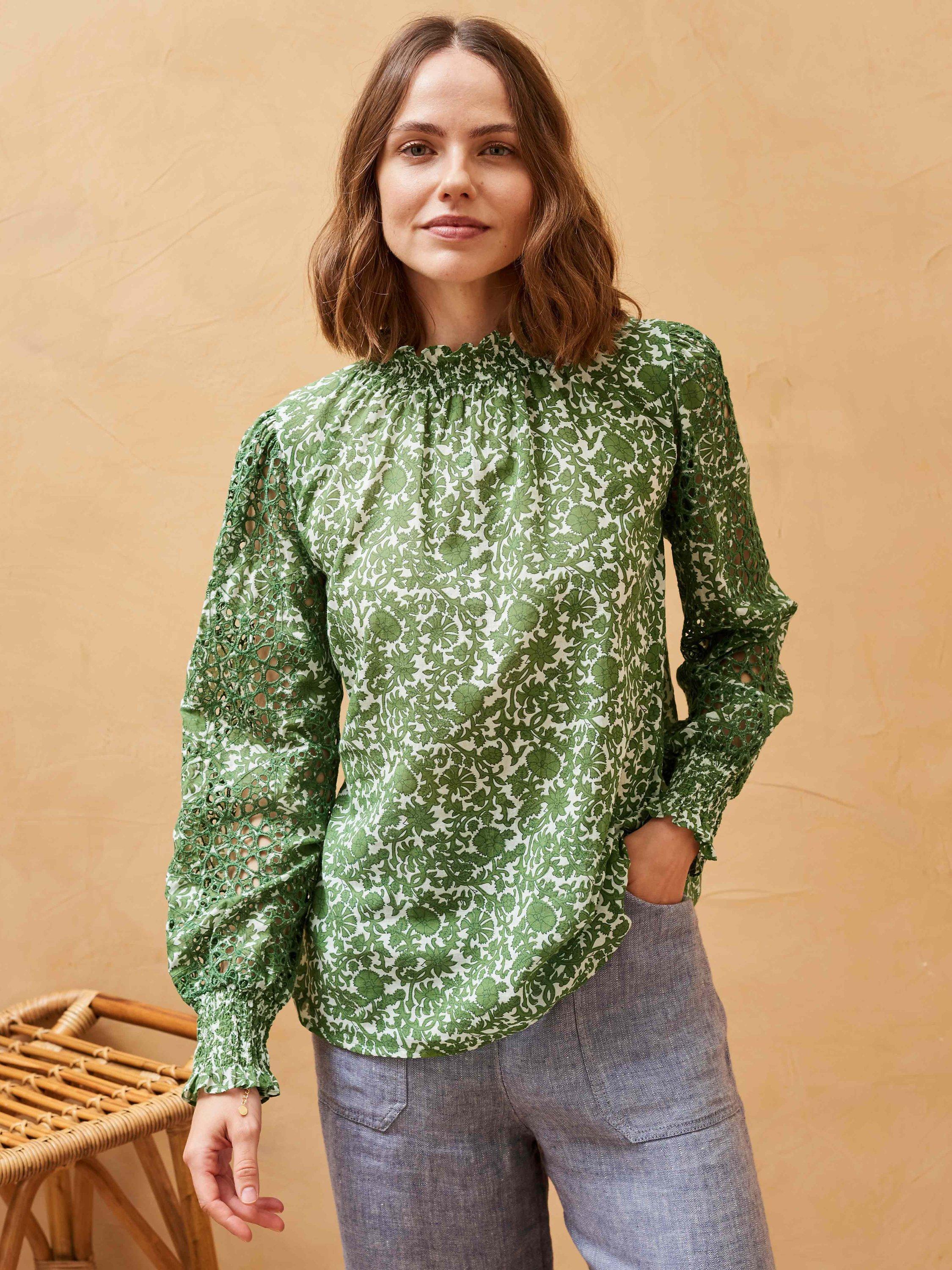 Brora Organic Cotton Voile Botanical Print Broderie Blouse, Nettle/Multi