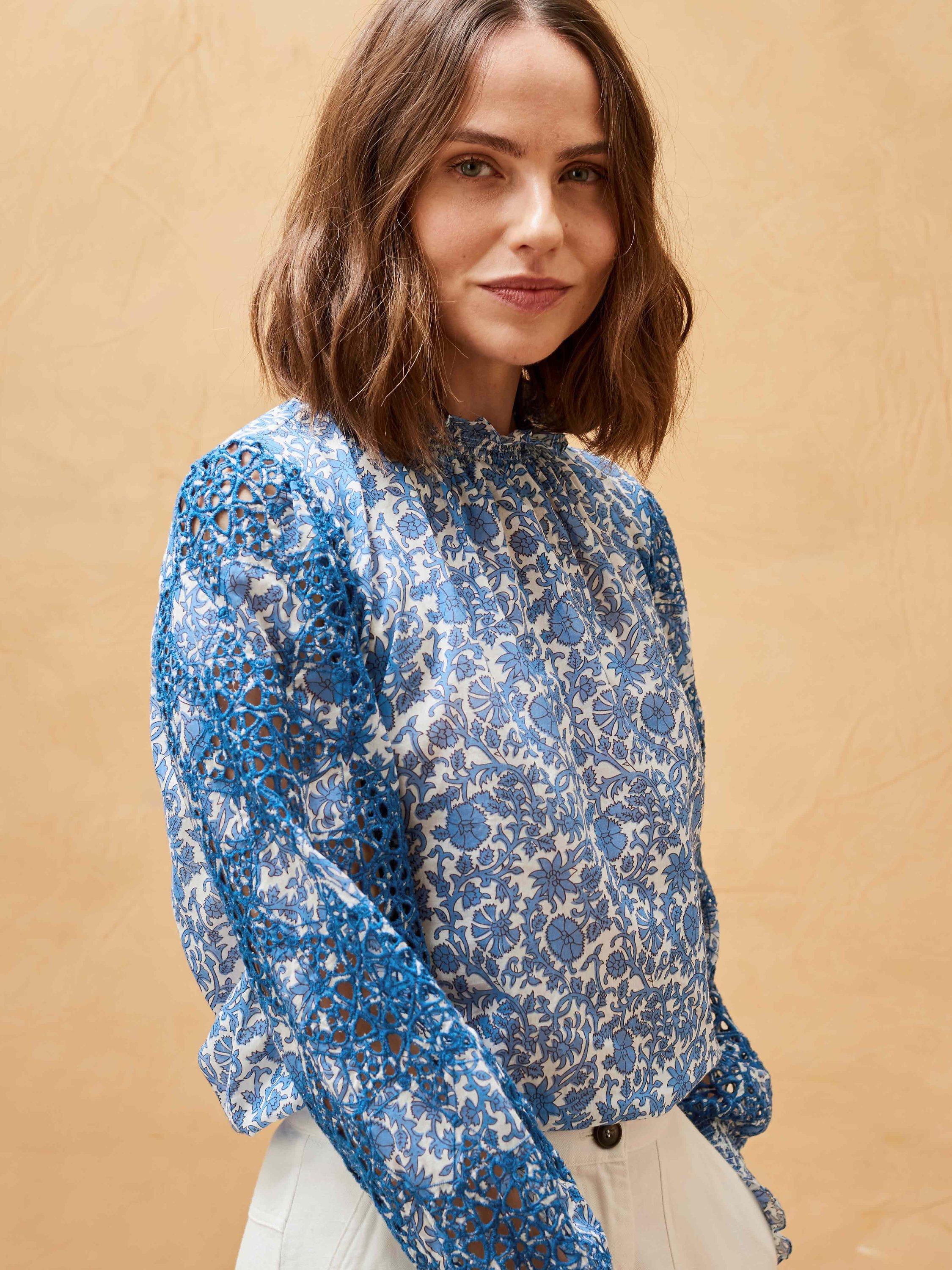 Brora Organic Cotton Voile Botanical Print Broderie Blouse, Lapis/White