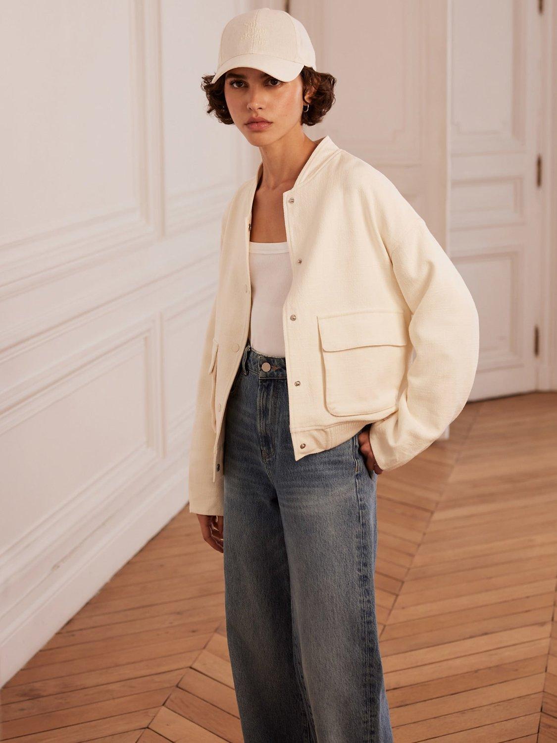 Mint Velvet Textured Bomber Jacket, White Ivory