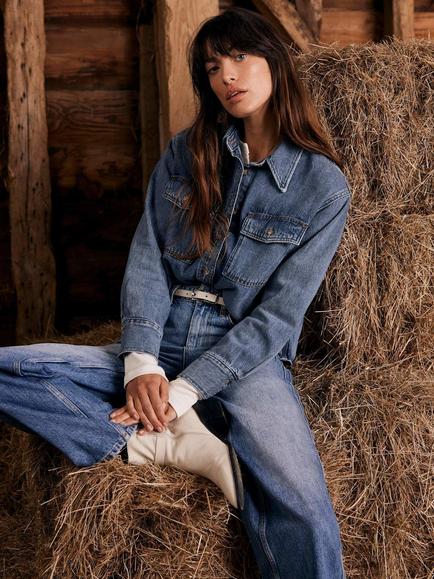 Mint Velvet Cropped Denim Shirt, Blue